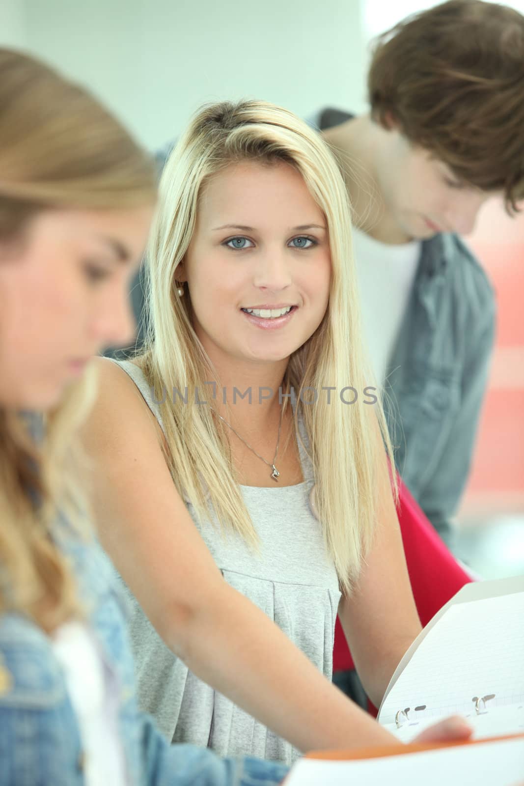 Pretty female student studying with her friends and their workbooks