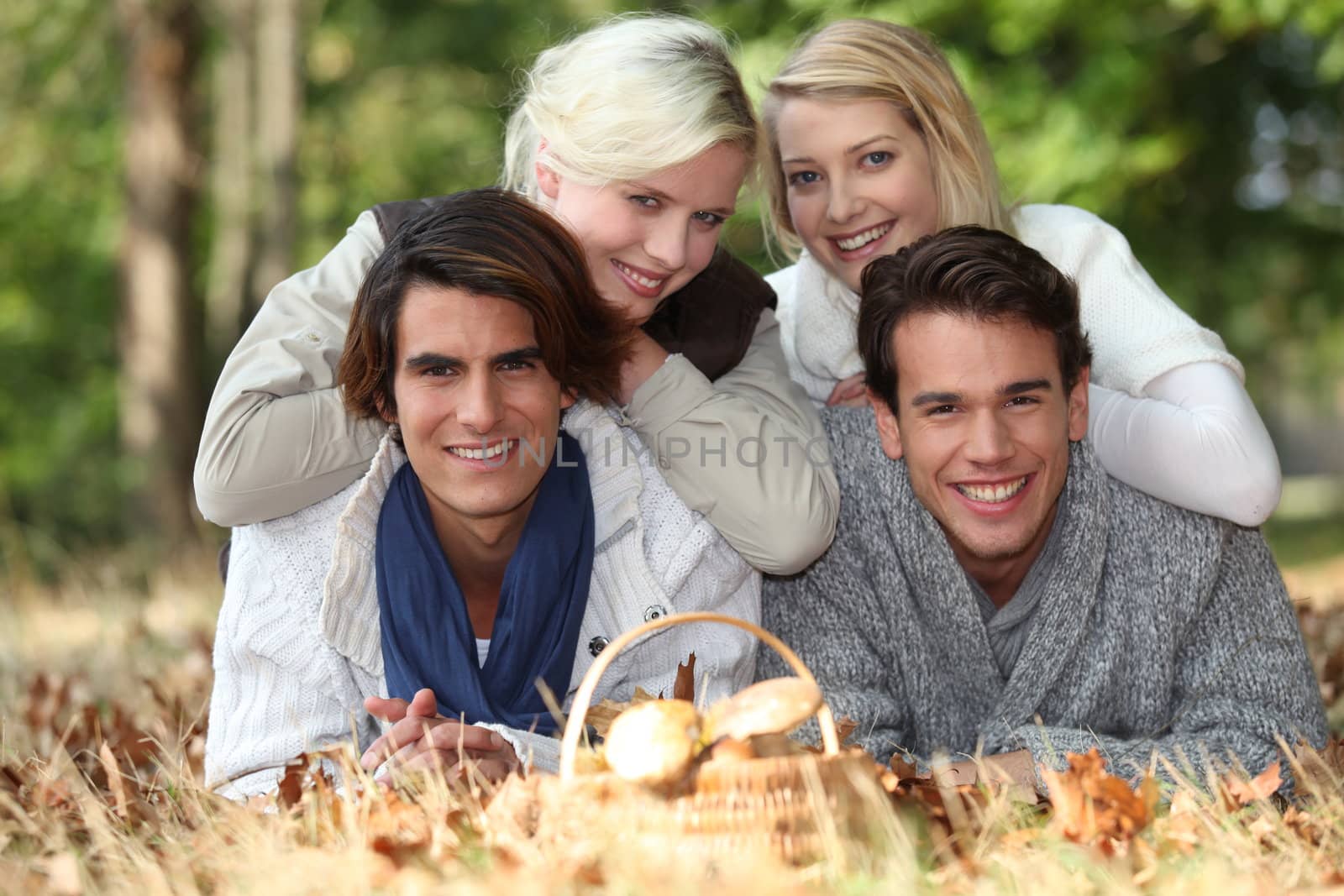 Group of friends laid in the grass in fall by phovoir