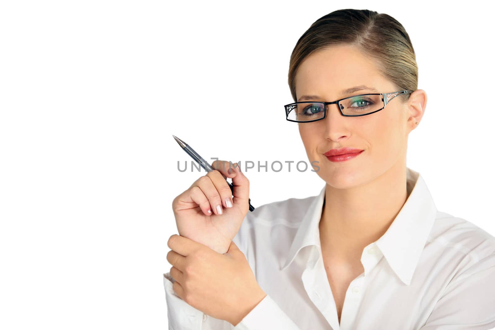 bespectacled blonde holding pen