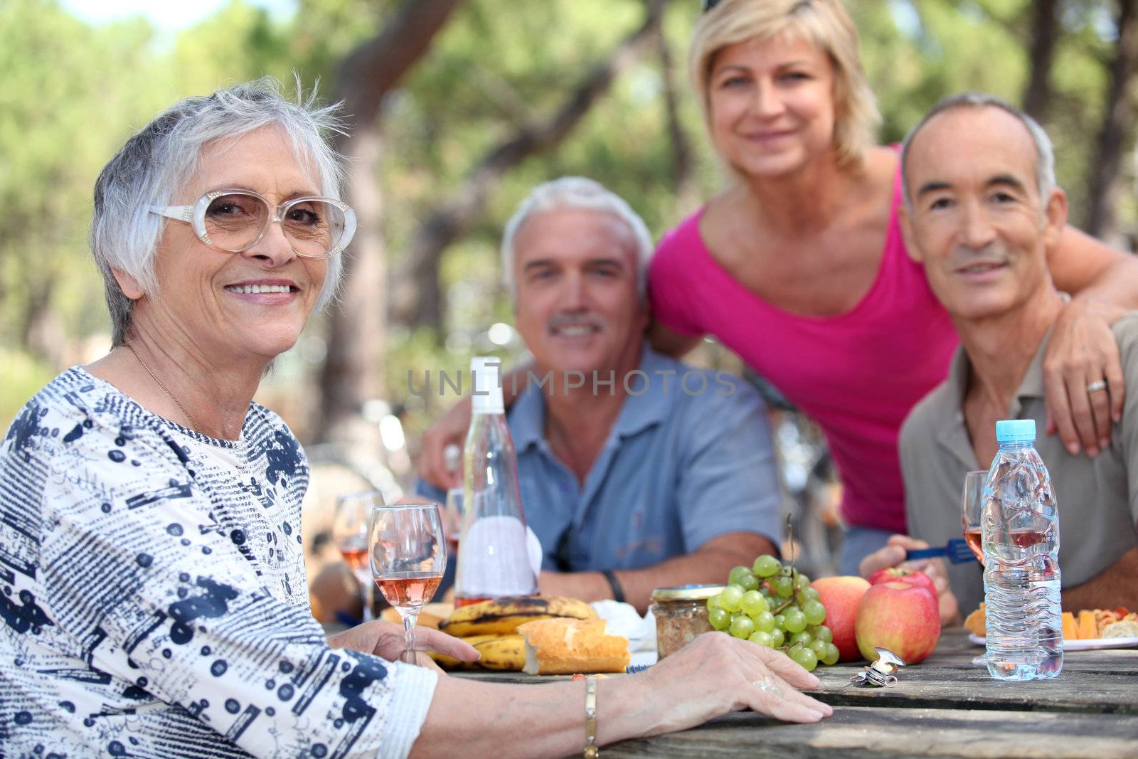 Senior woman having a picnic with friends