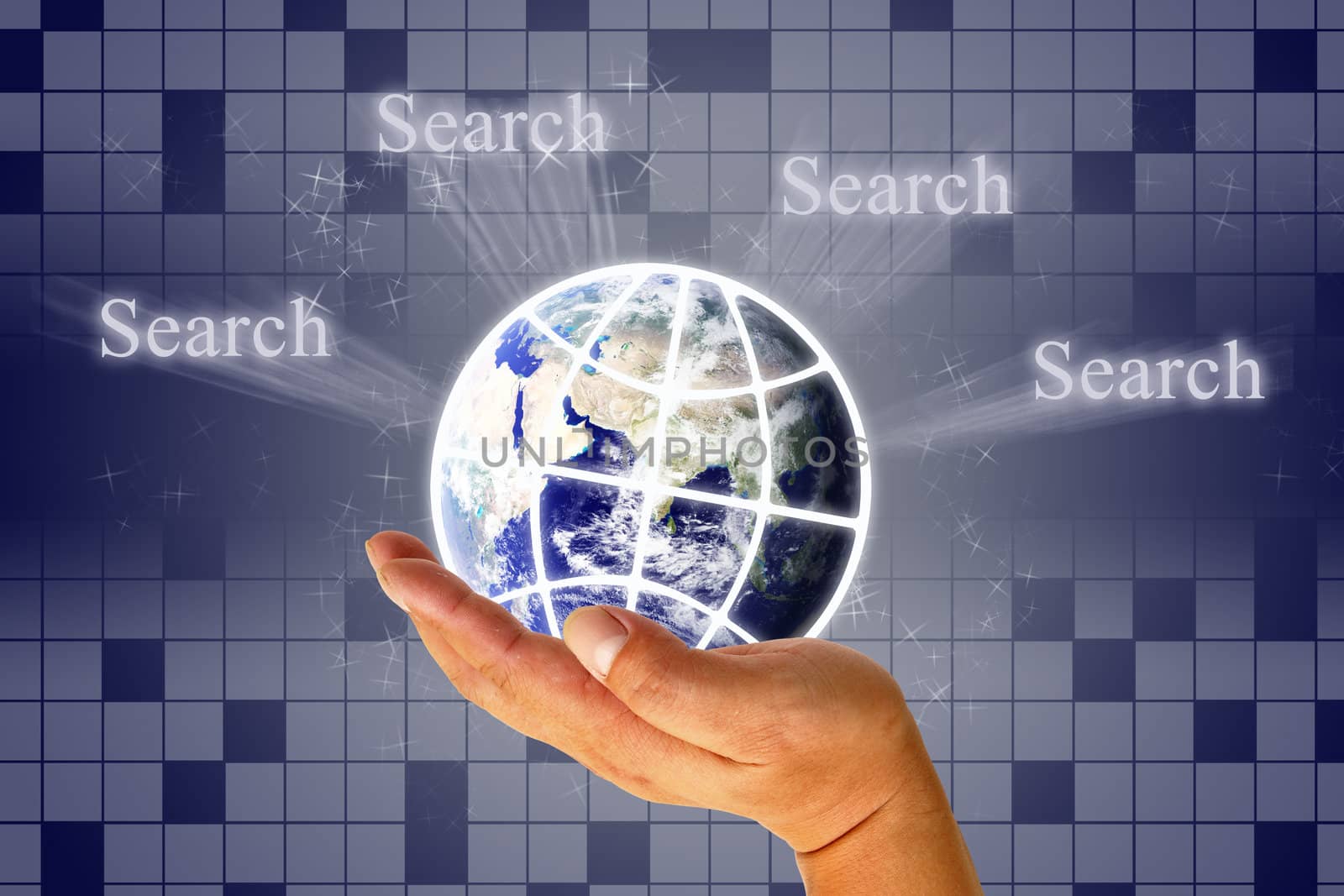 Hand clicking internet search page with earth