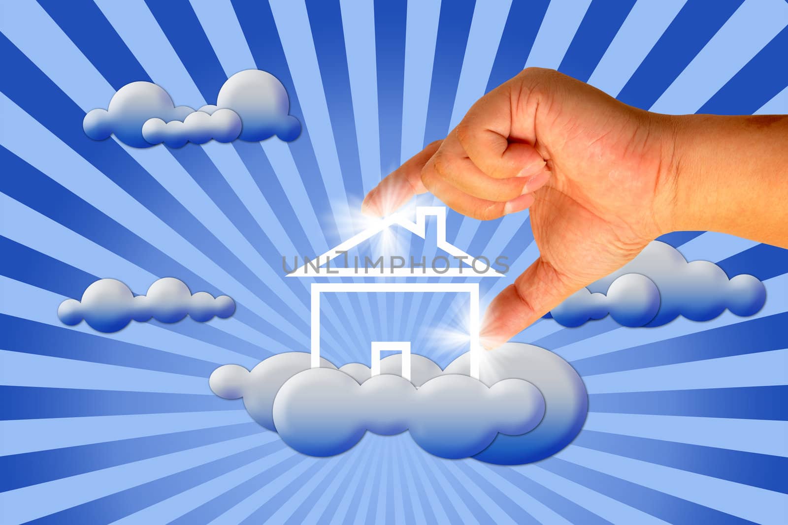 House in clouds with hand