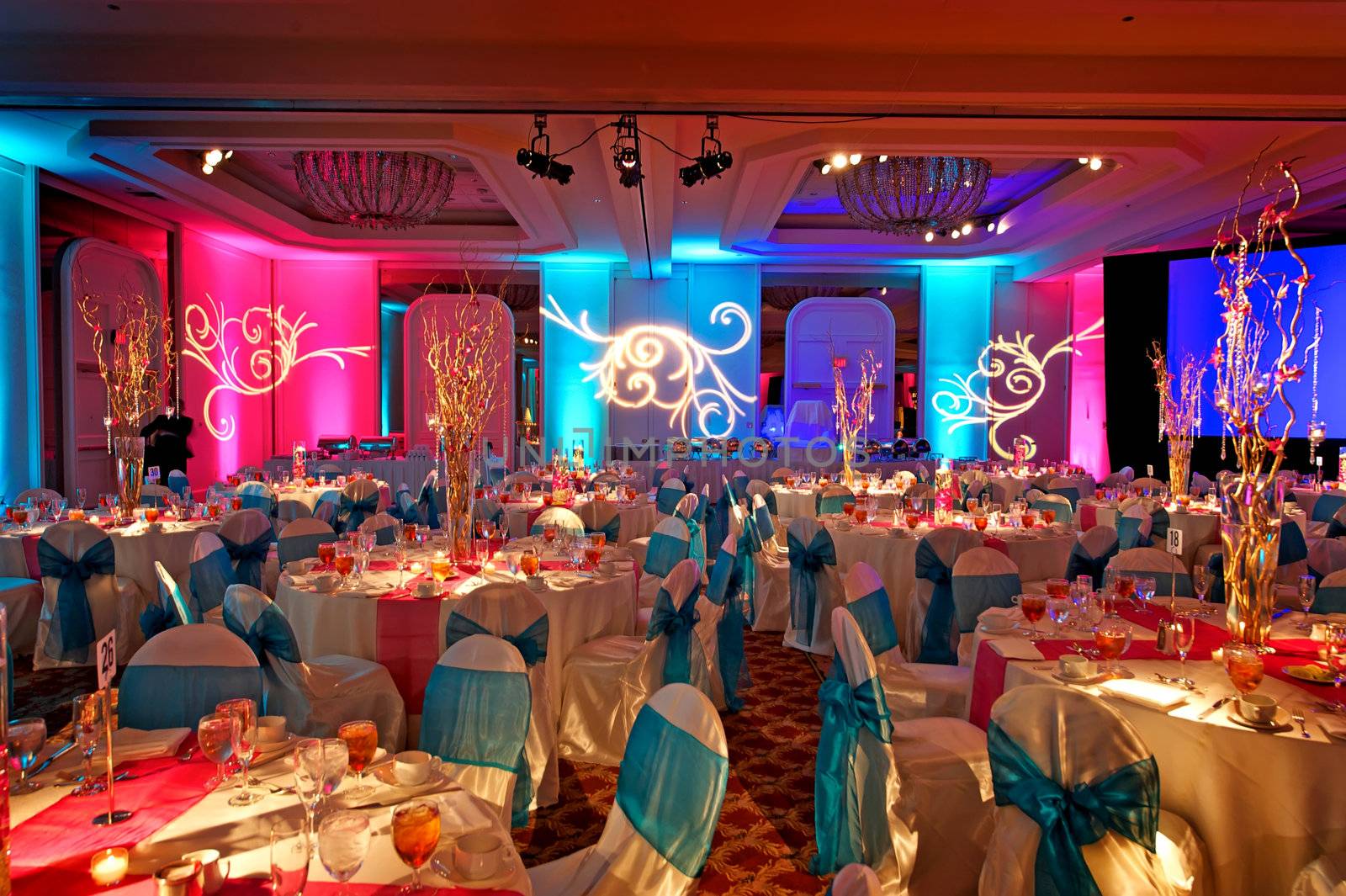 Image of a beautifully decorated ballroom for an Indian wedding reception