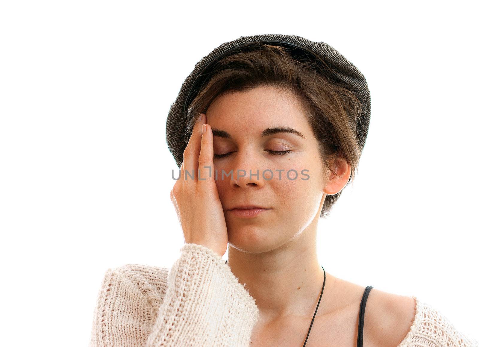 Woman isolated on white background, looking suffering or sad