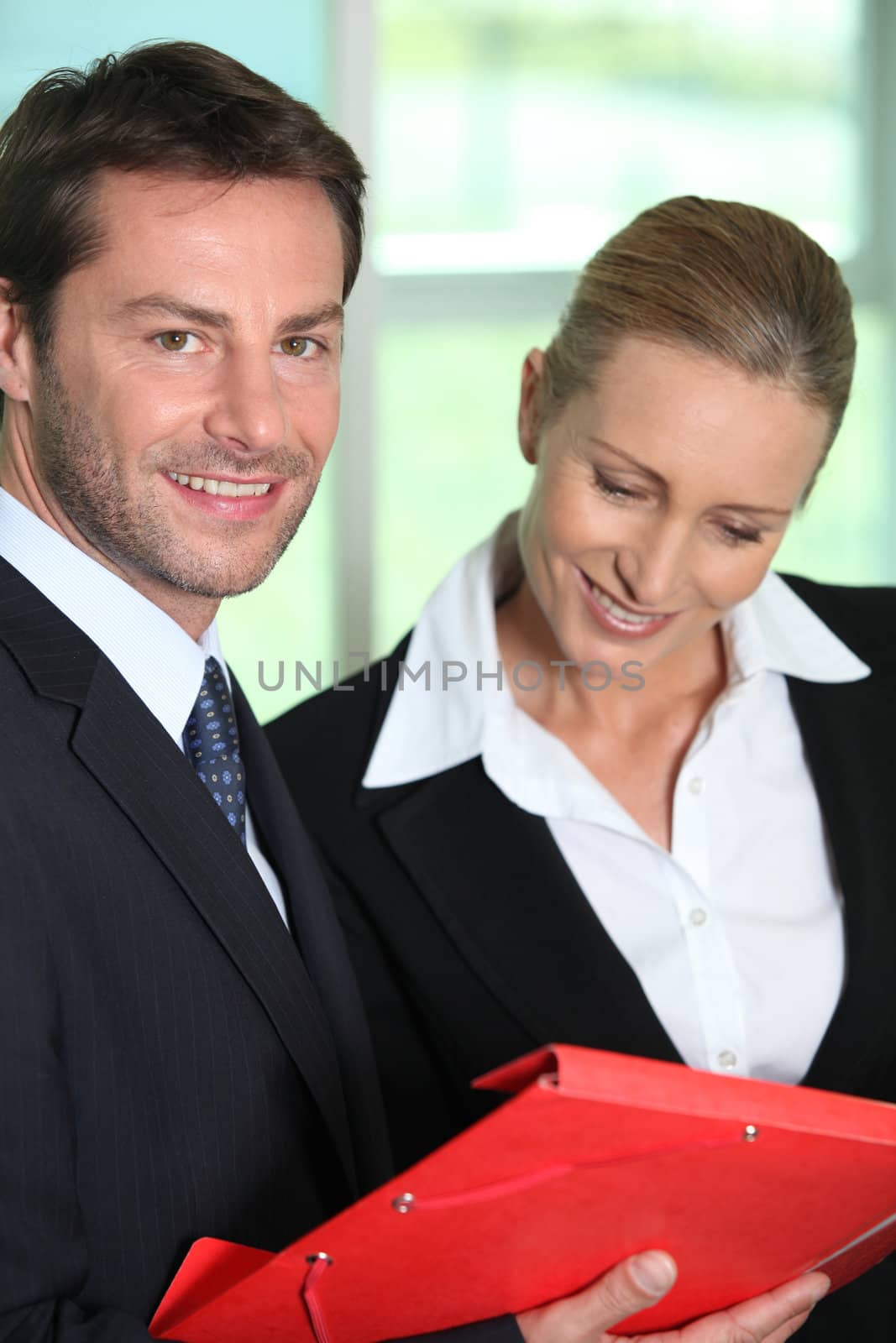 Businesswoman looking at businessman's notes