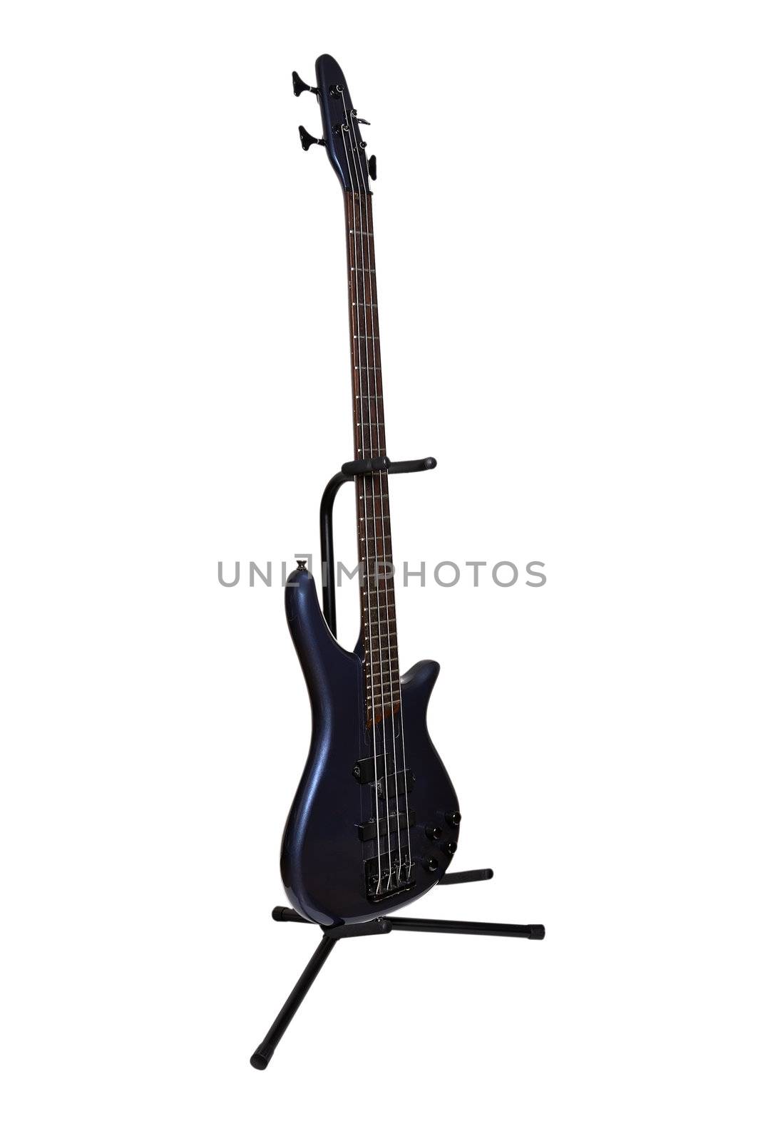 bass guitar on stand on a white background