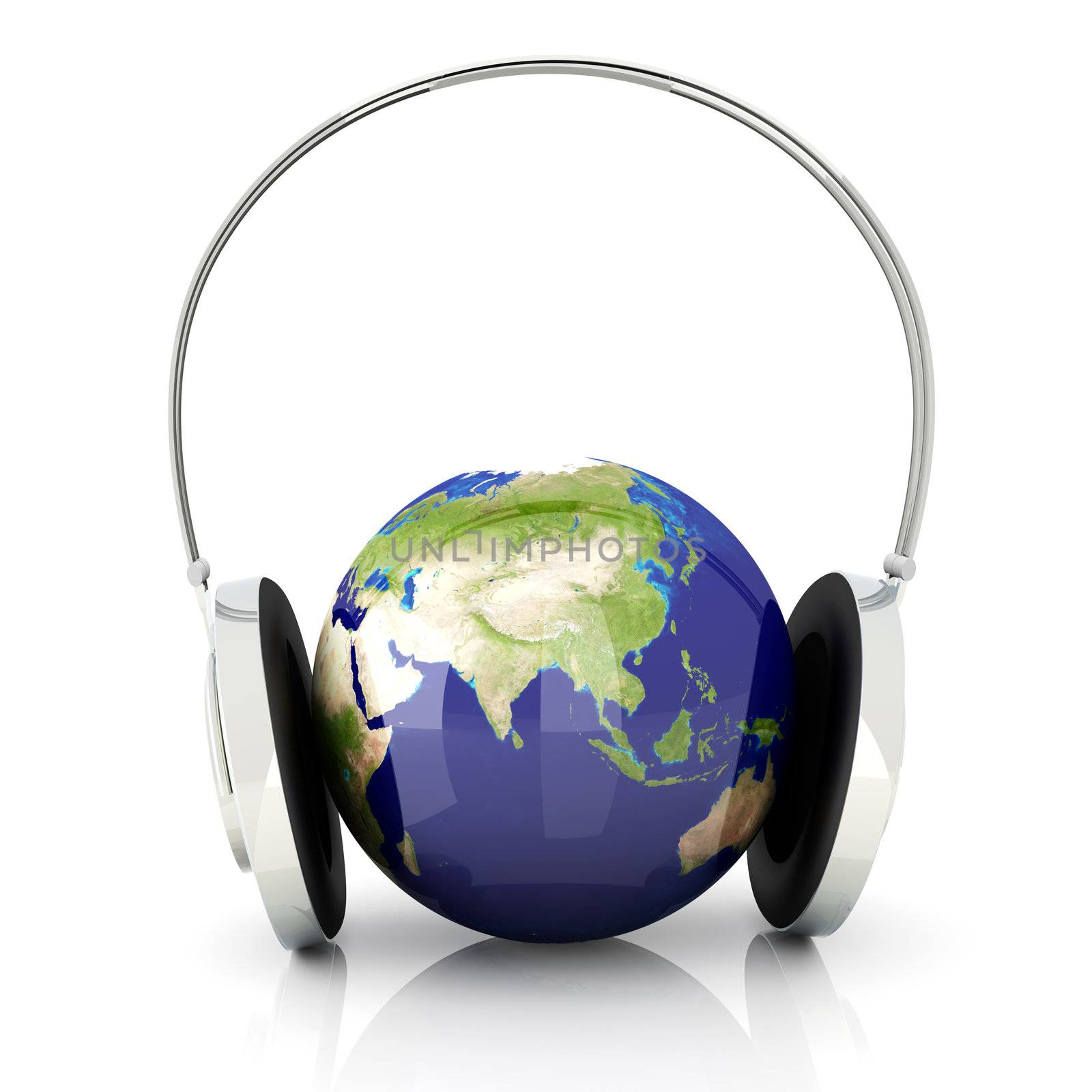The music of Asia. Headphones and a world globe. 3D rendered Illustration. 
