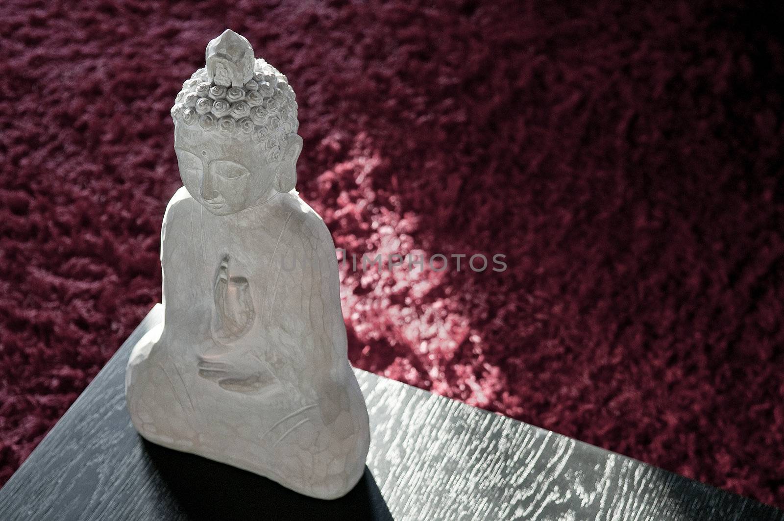 contemporary interior design detail with buddha statue and carpe by jackmalipan
