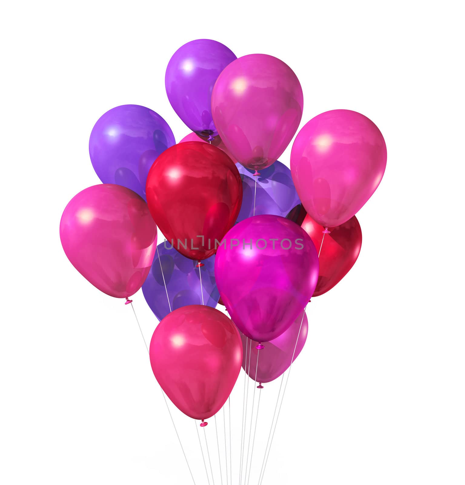 3D pink balloons floating isolated on white