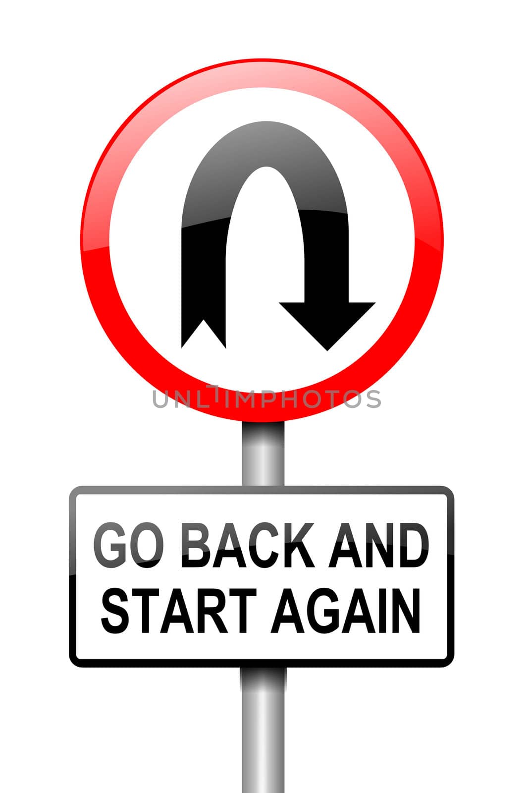Illustration depicting a red and white road sign with a 'going back' concept. White background.