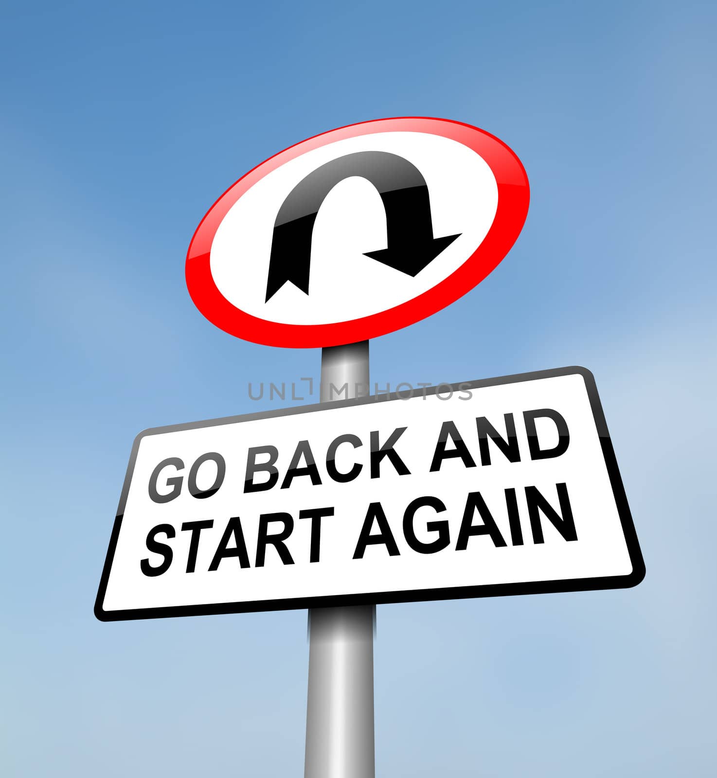 Illustration depicting a red and white road sign with a 'going back' concept. Blue sky background.