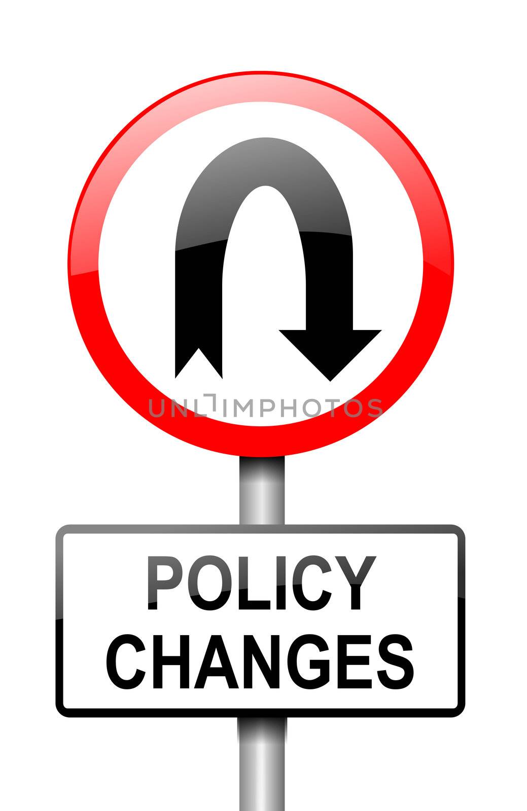 Illustration depicting a red and white road sign with a 'policy change' concept. White background.