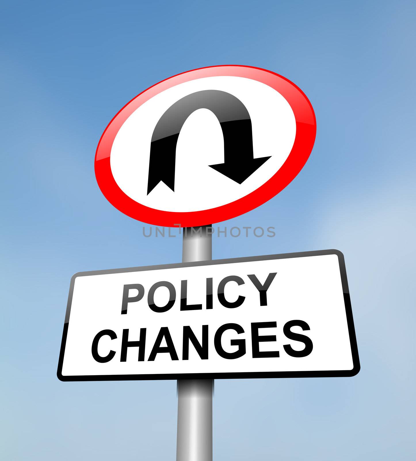 Illustration depicting a red and white road sign with a 'policy change' concept. Blue sky background.