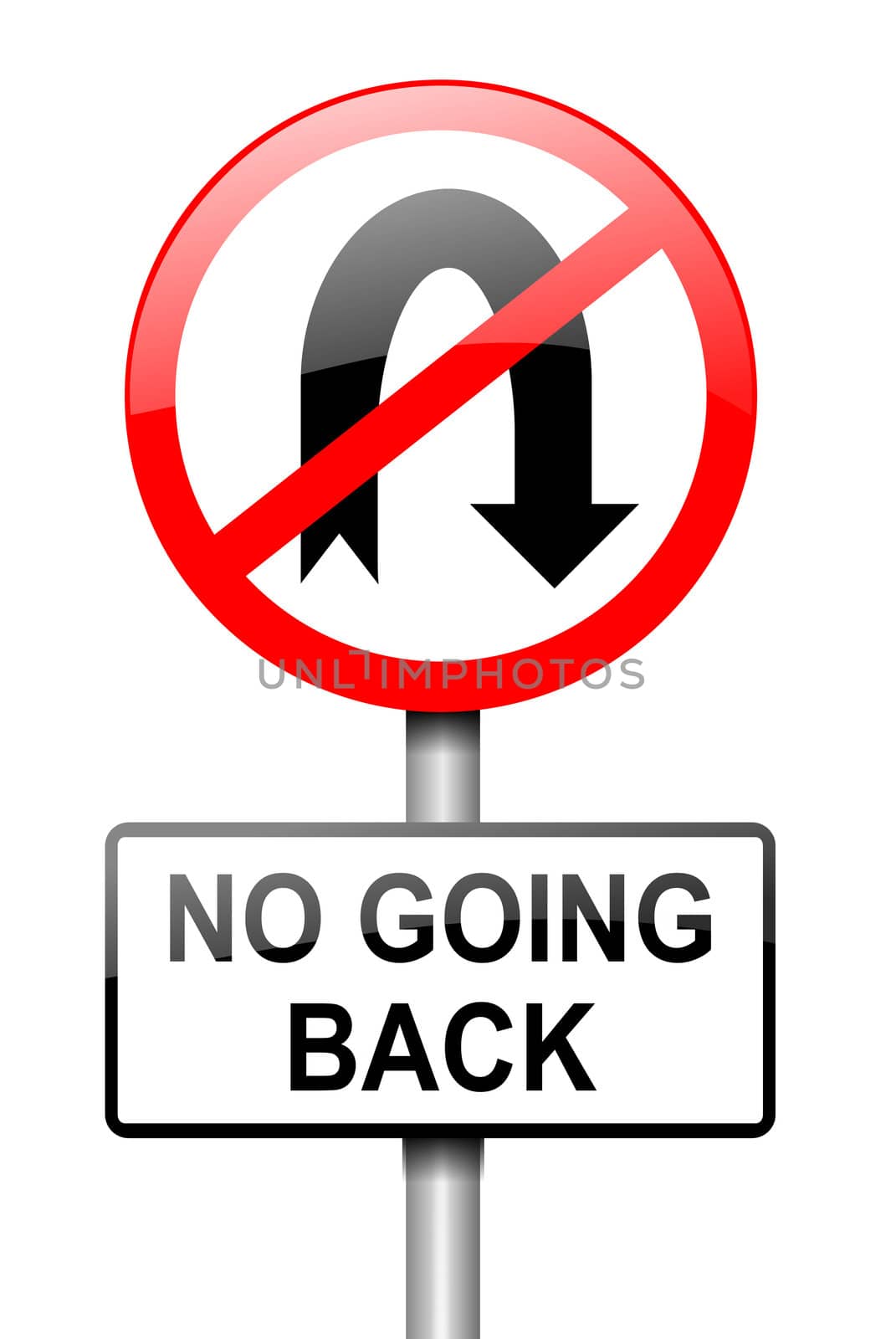 Illustration depicting a red and white road sign with a 'no going back' concept. White background.
