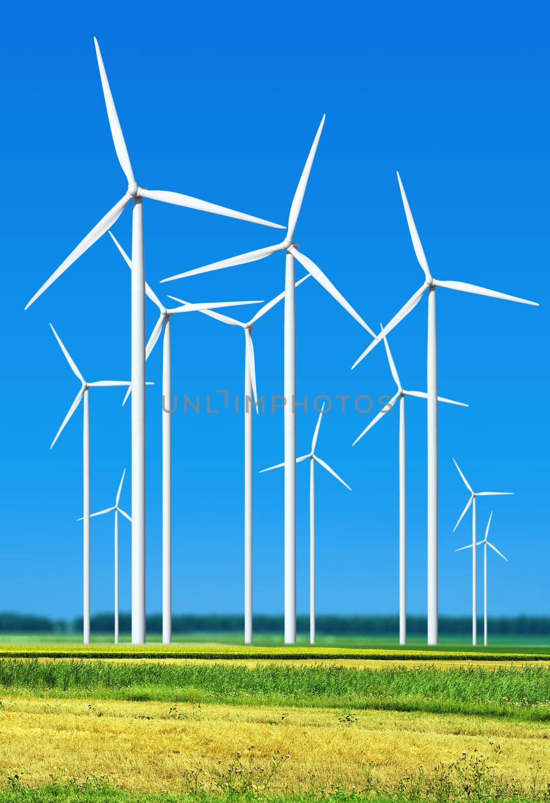 Beautiful green meadow with Wind turbines generating electricity