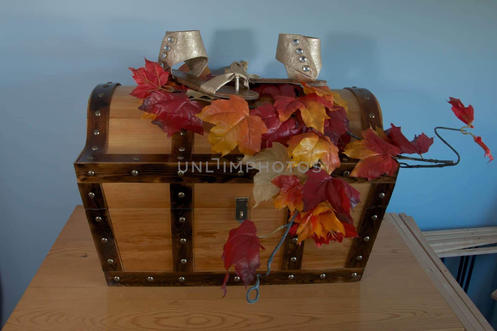 A bride's shoes for an autumn wedding, displayed on a hand-made treasure chest.