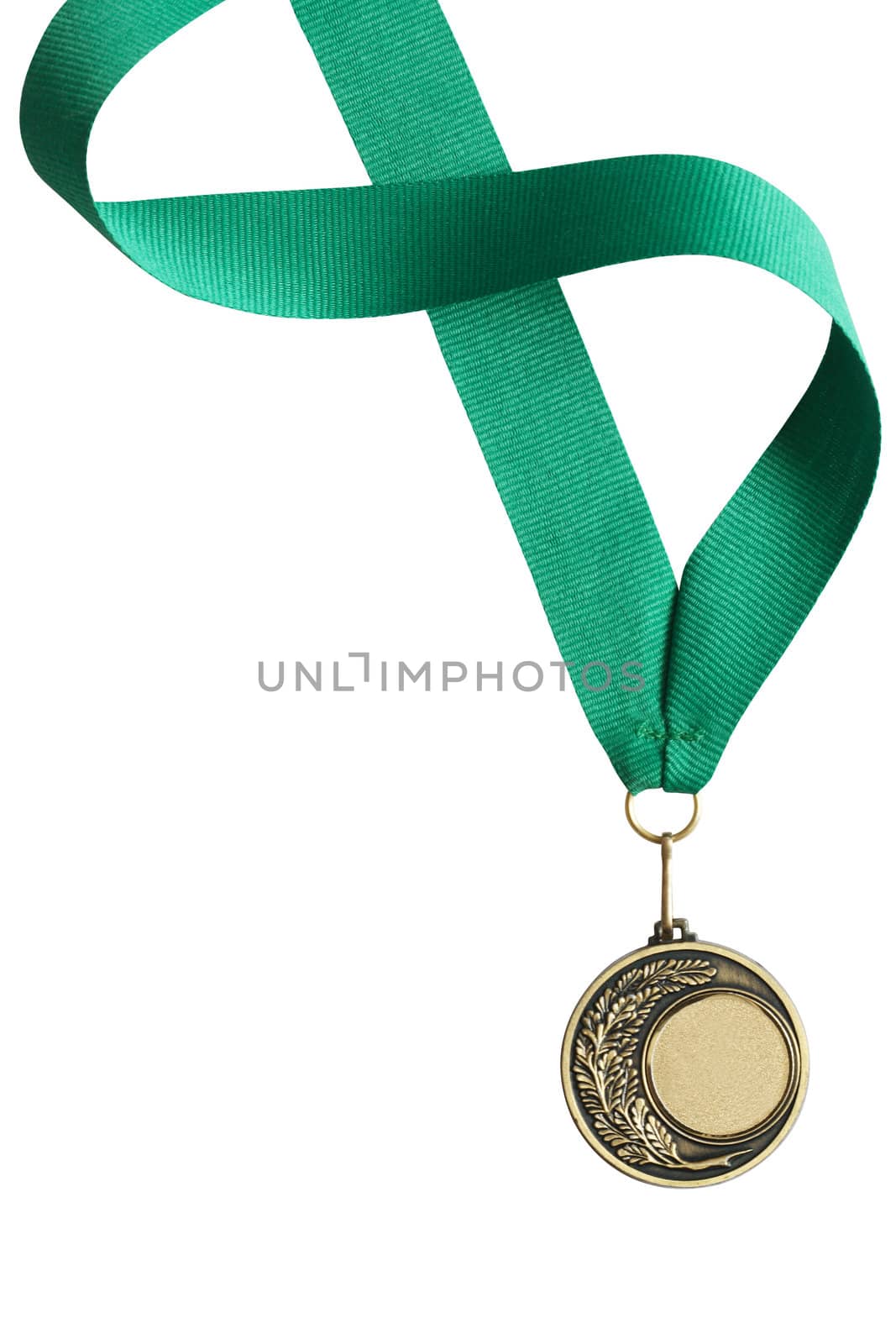 Gold medal with nice long green ribbon on white background. Isolated with clipping path