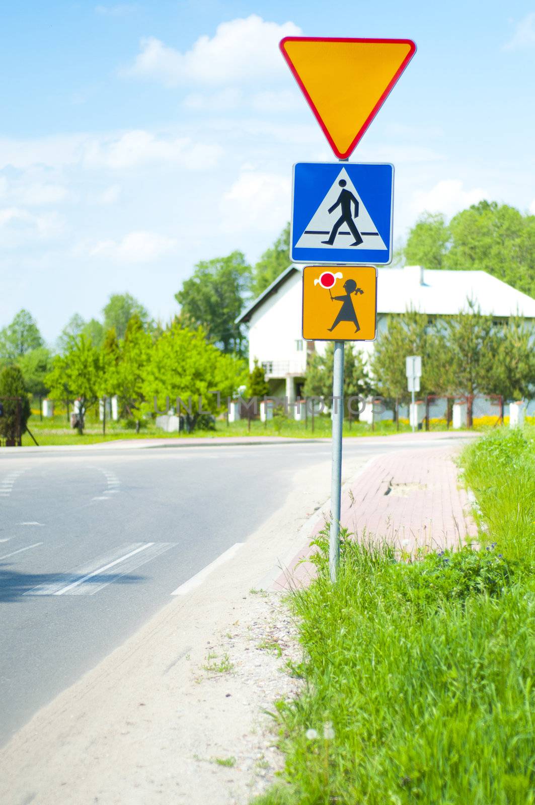 tree road signs, pedestrian crossing