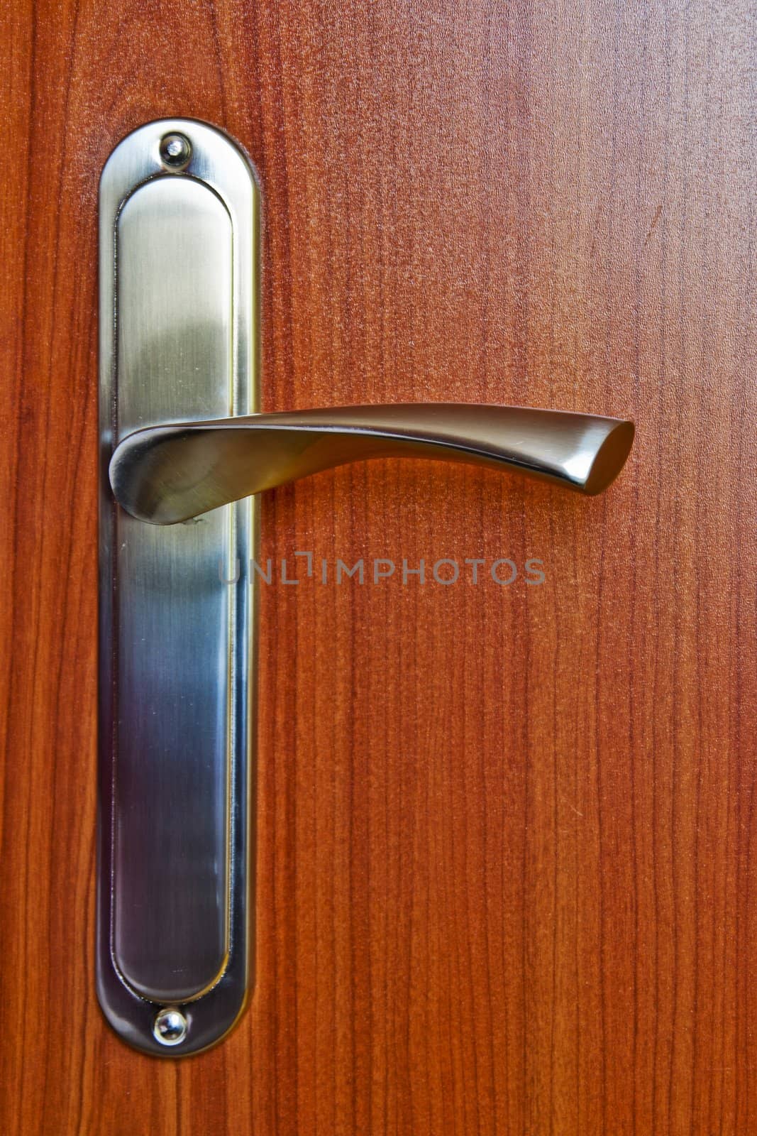 silver handle on wood door