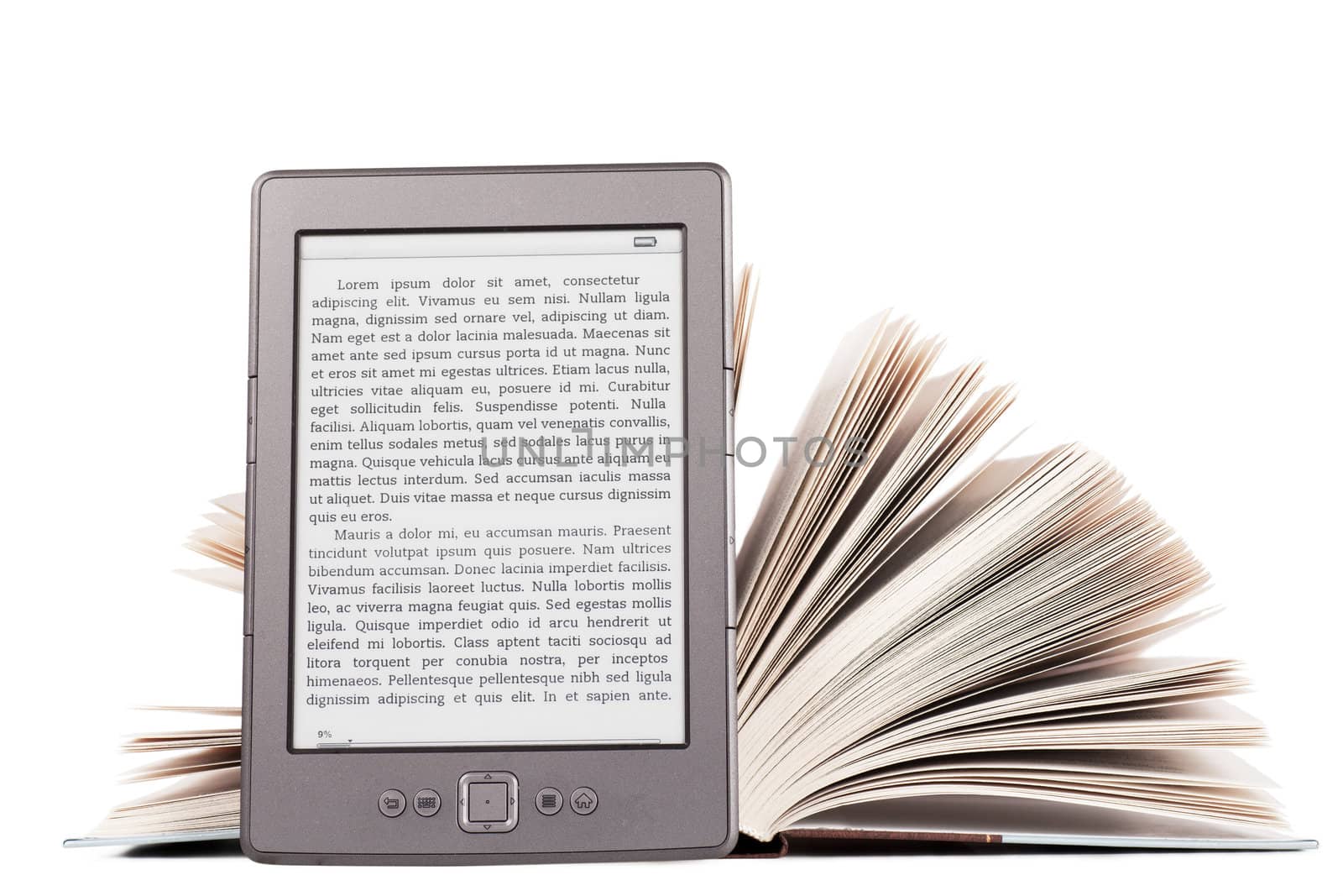 Electronic book reader with LOREM IPSUM text and thick paper book over white background