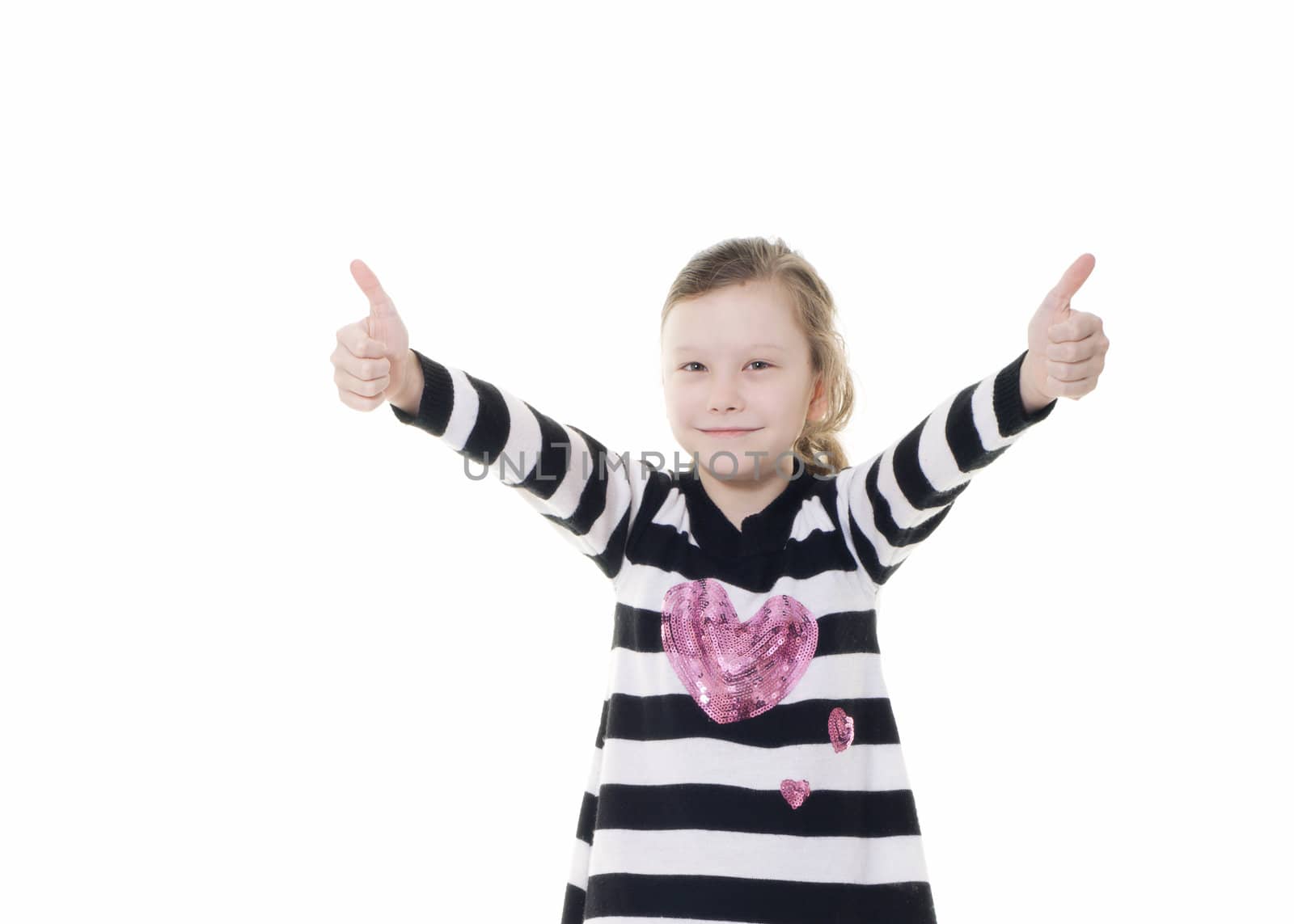 young girl giving a thumbs up gesture isolated on white