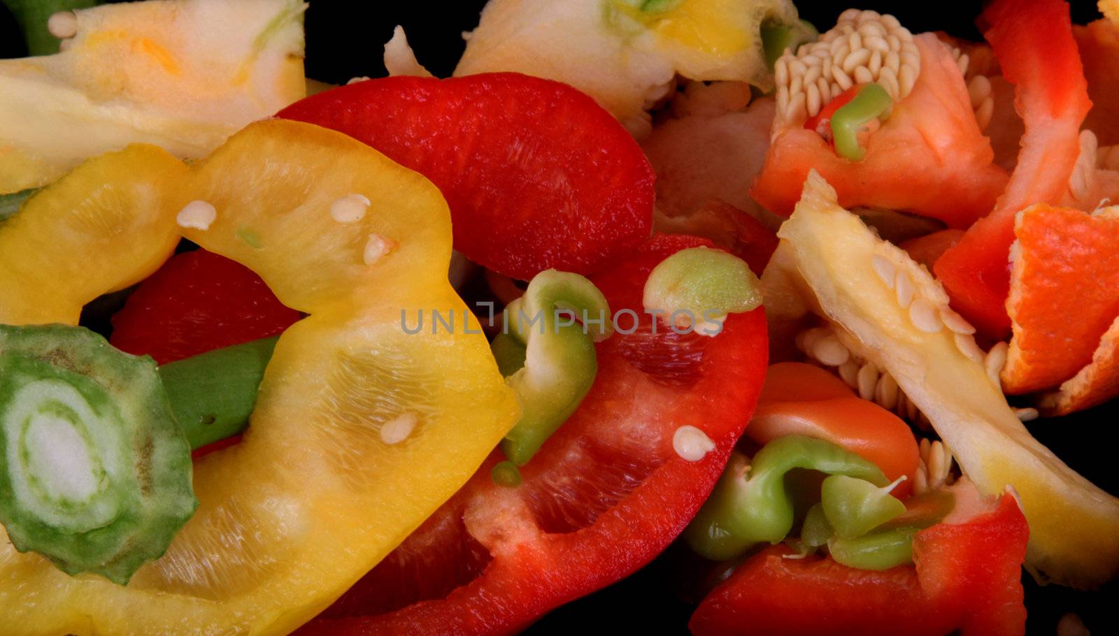 Peelings from preparing peppers to eat on a white background.