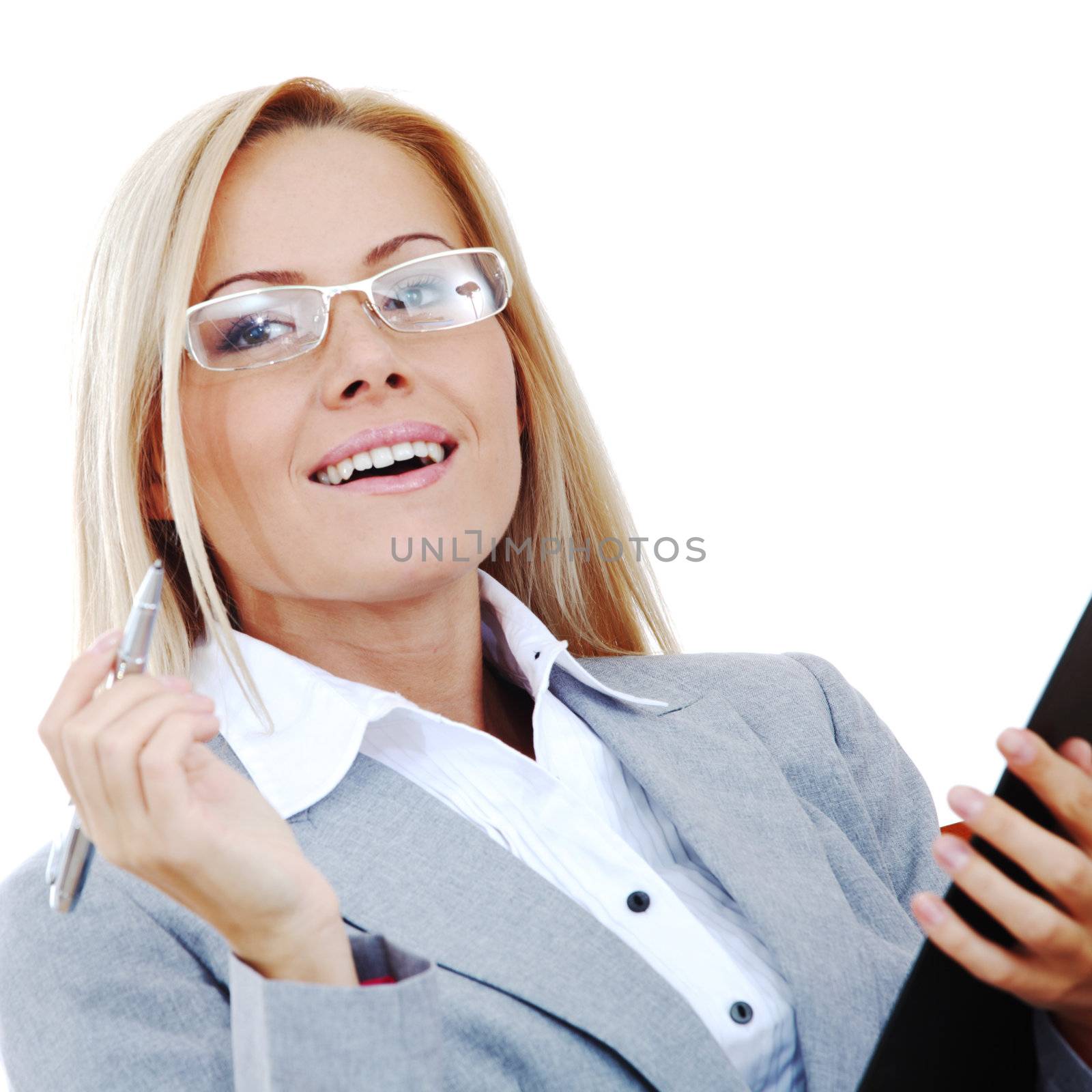 business woman hold a folder of papers  and write