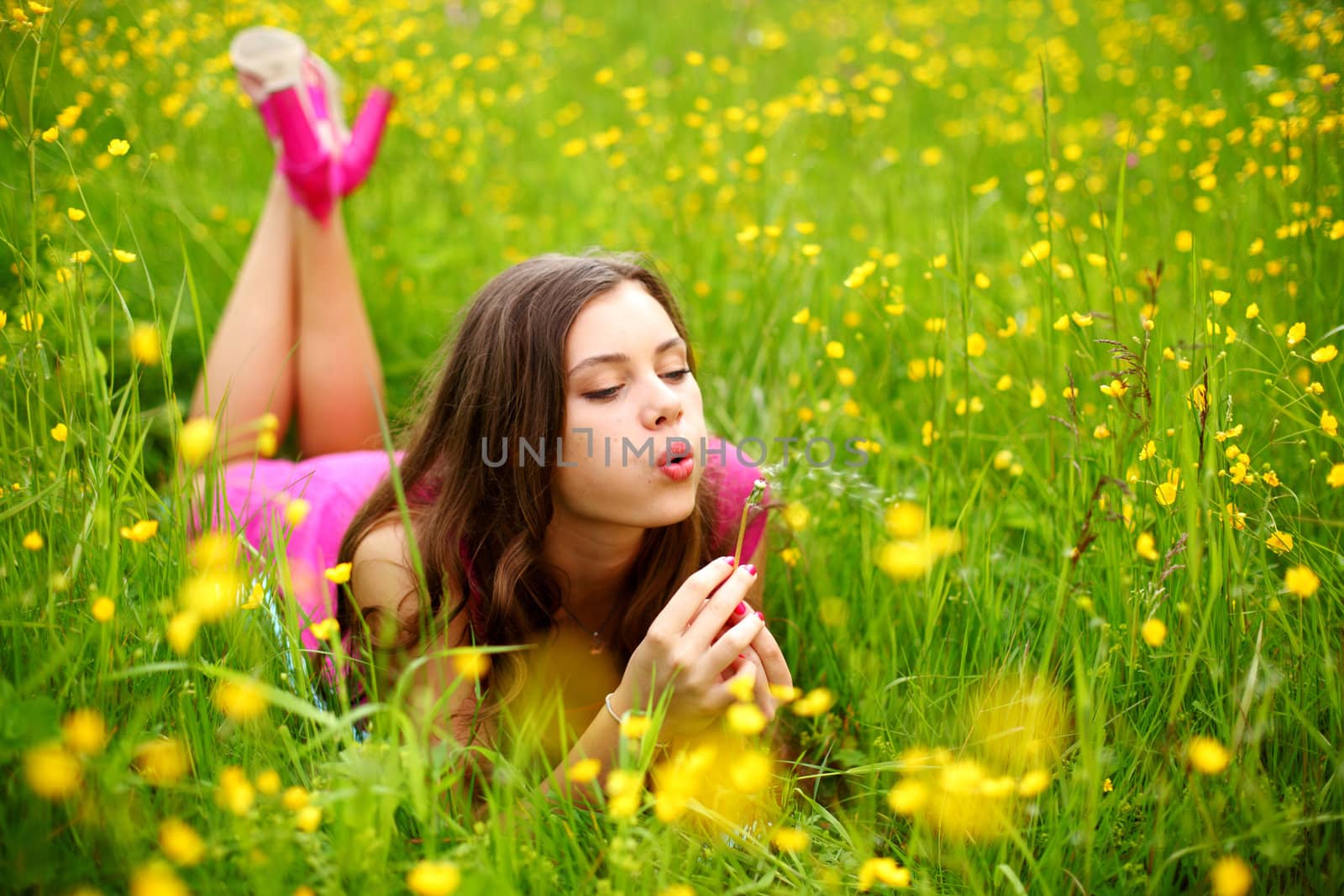 summer woman blow on dandelion 