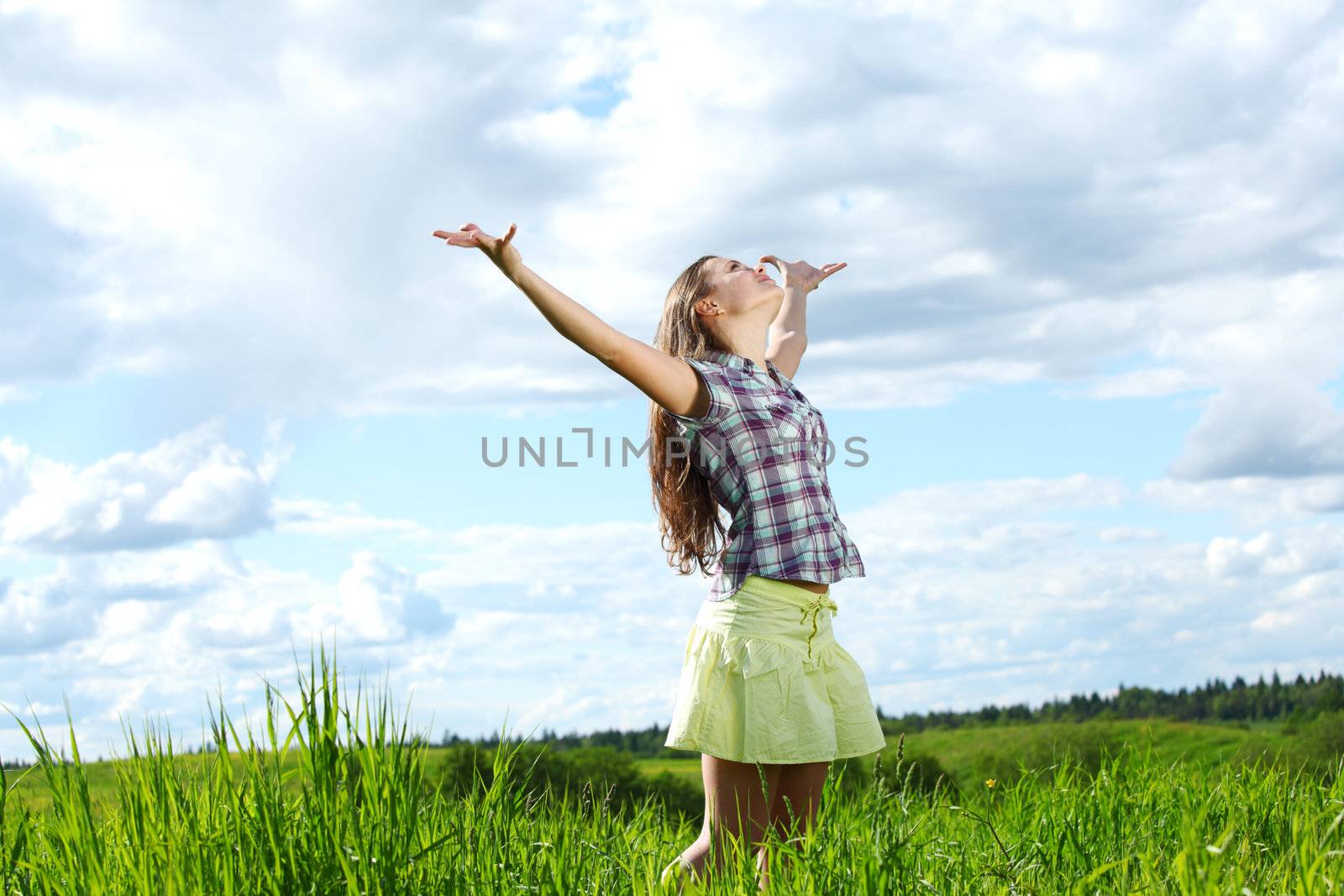 summer woman fly in blue sky