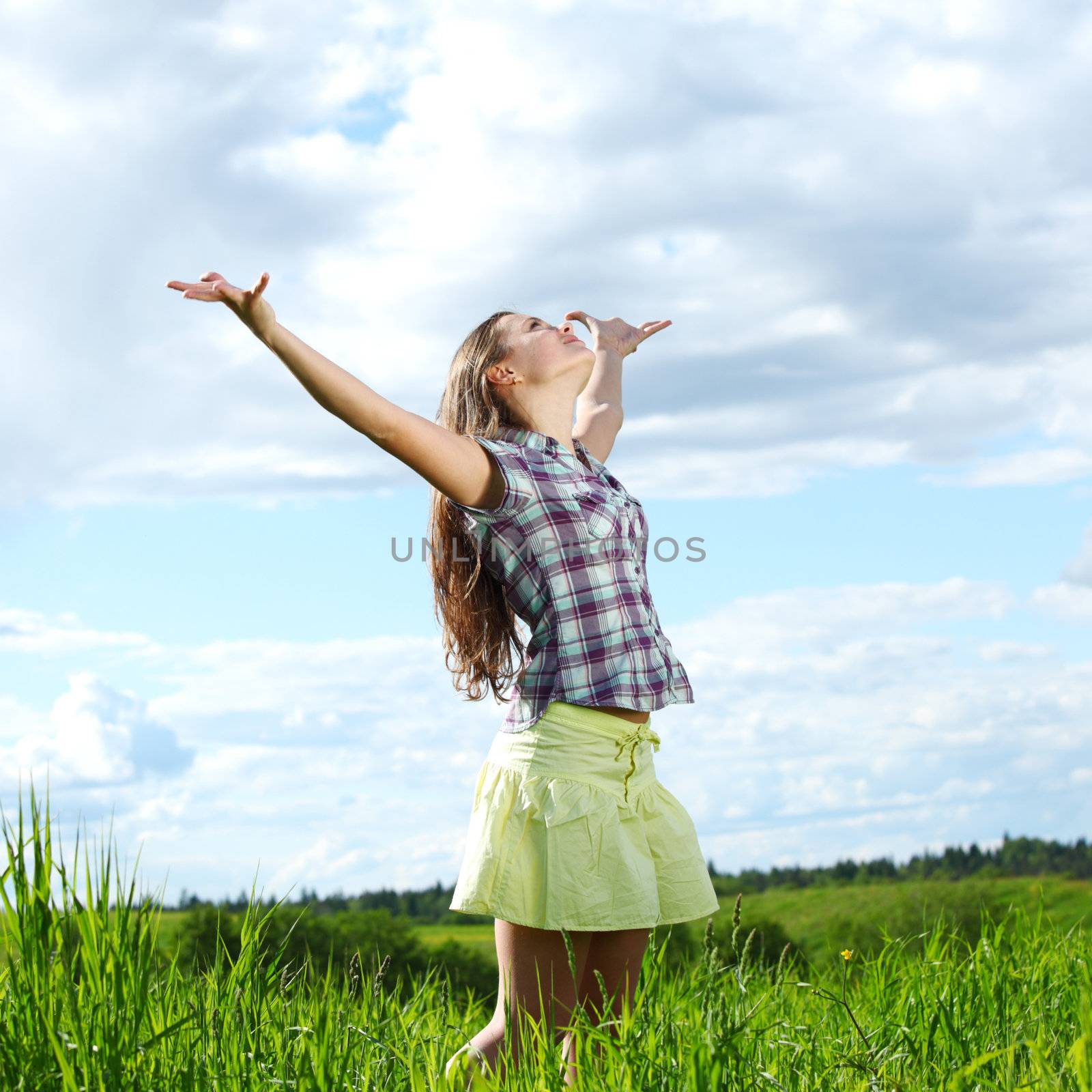 summer woman fly in blue sky