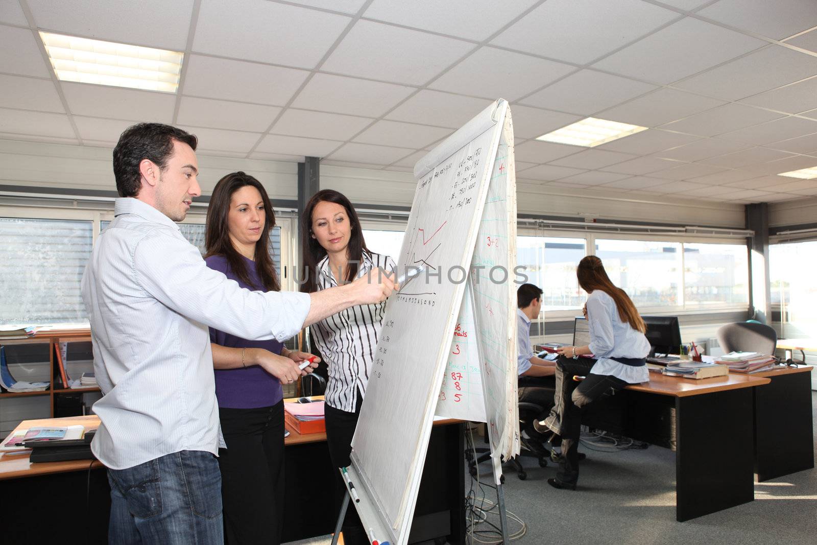 Office team looking a growth chart on a whiteboard by phovoir