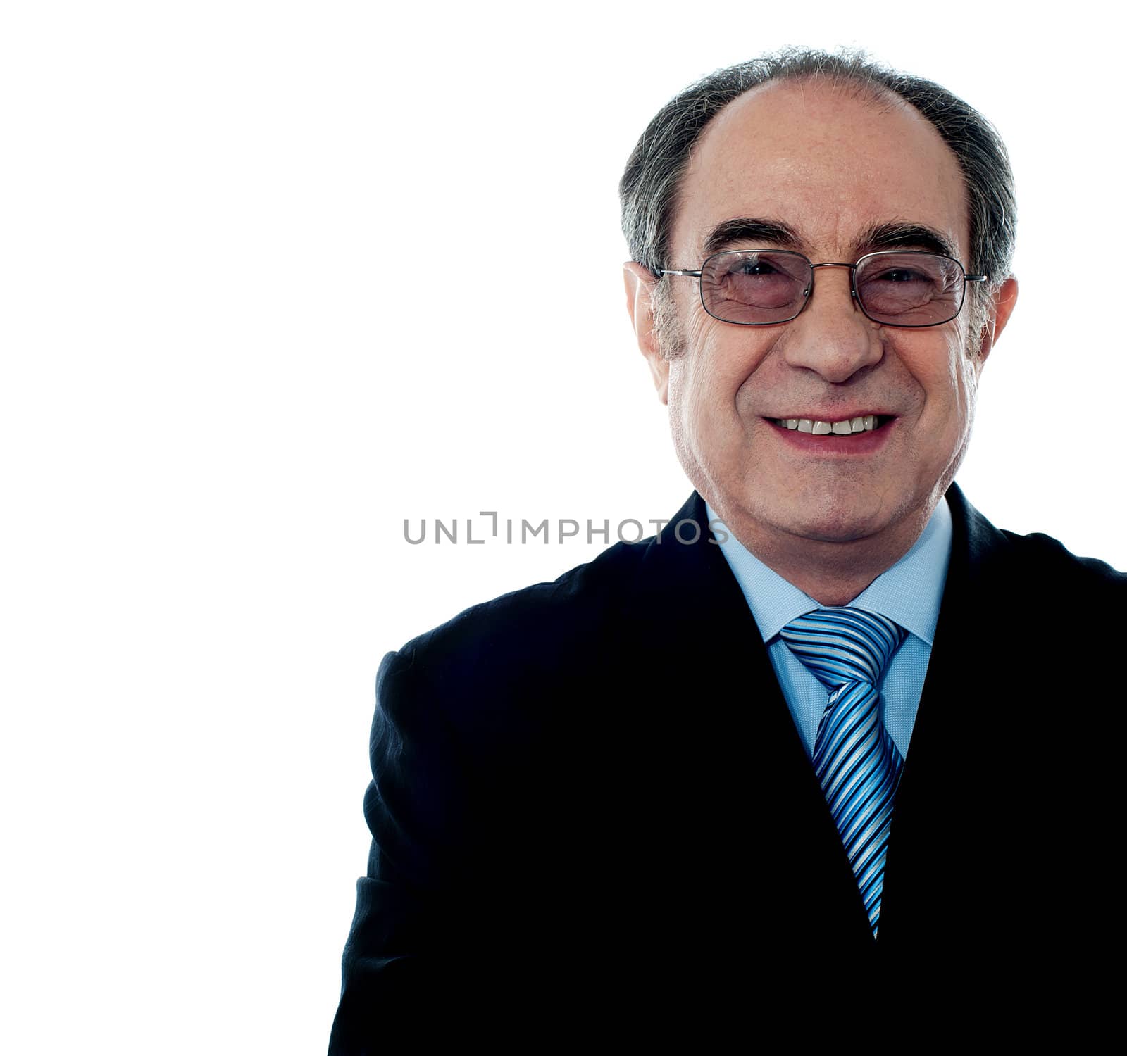 Smiling aged businessman wearing glasses, closeup shot