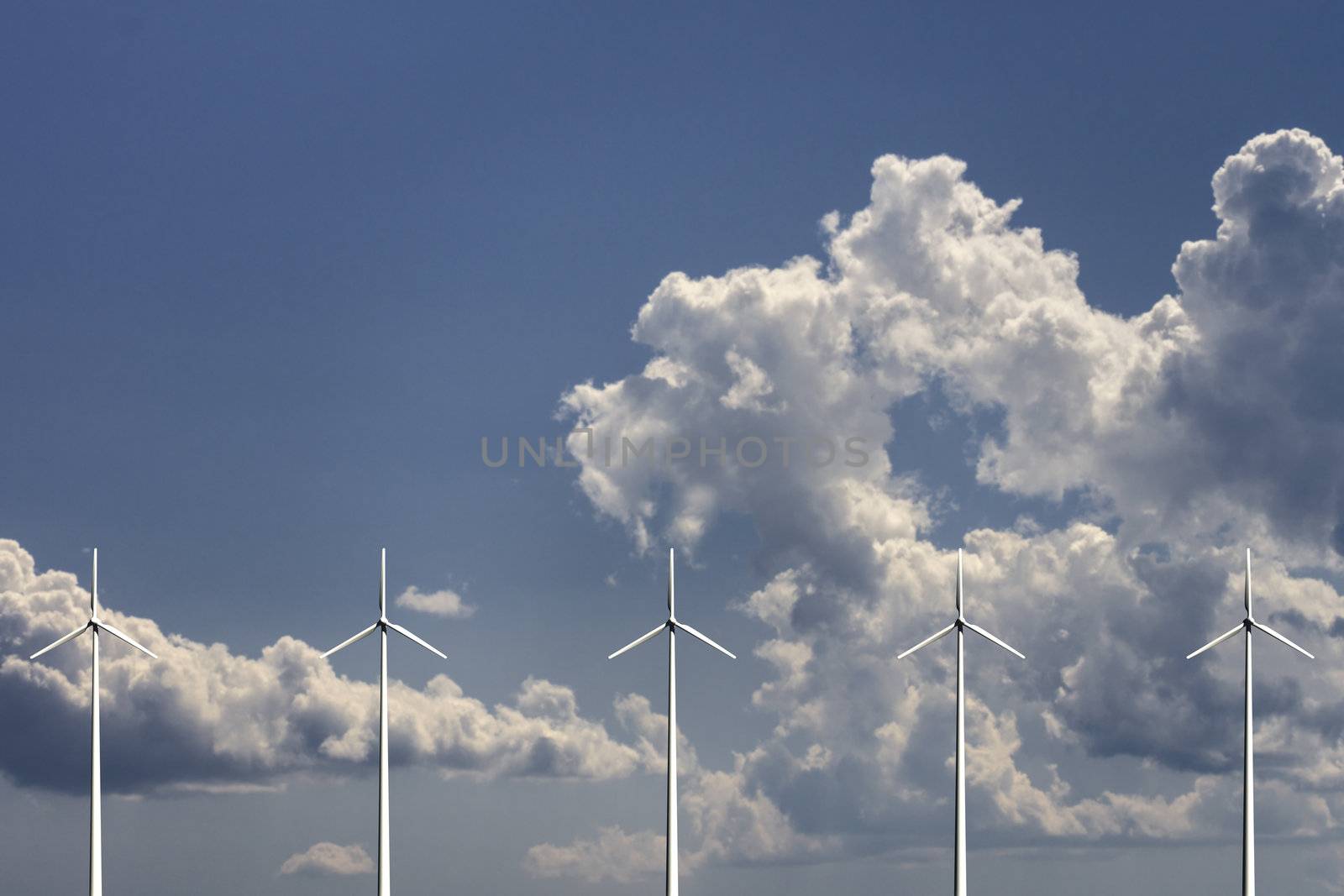 Wind turbines with sky and clouds on background