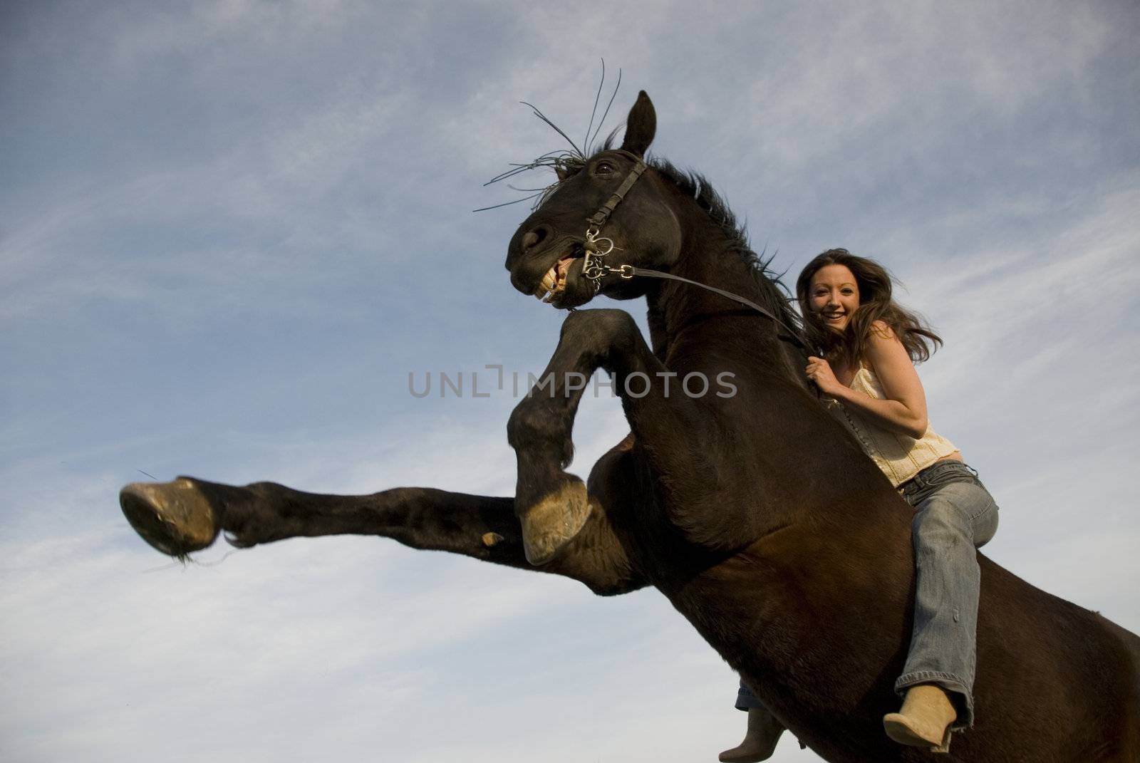 happy girl and rearing stallion in blue sky