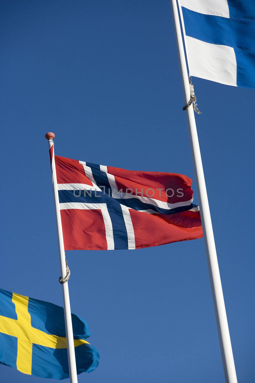 Scandinavian flags towards blue sky