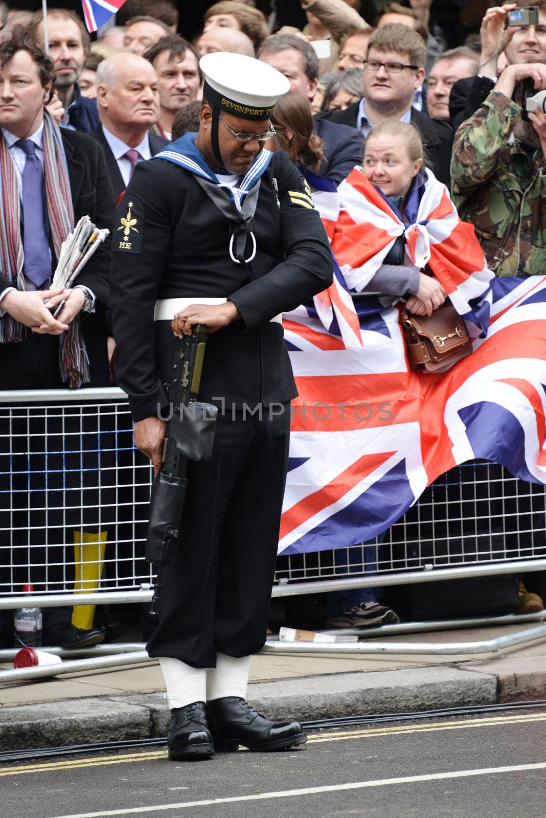 London, UK. April 17th, 2013. Soldier lining Baroness Thatcher procession route on Ludgate Hill.