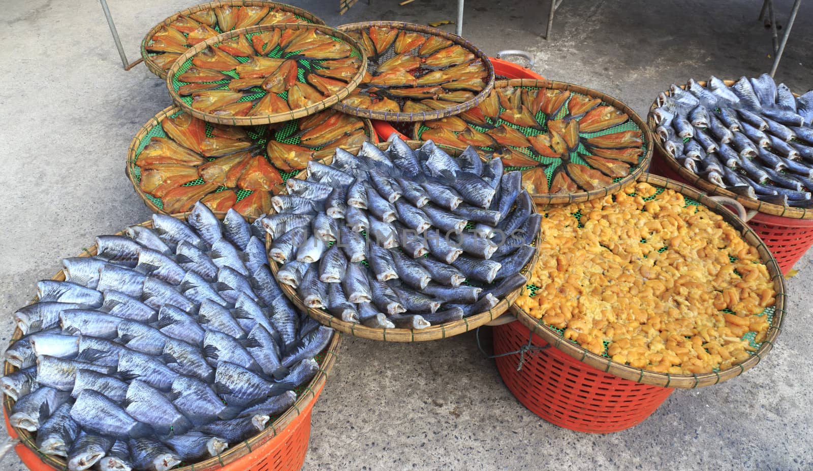 Dried fish is being hung in the drying process.