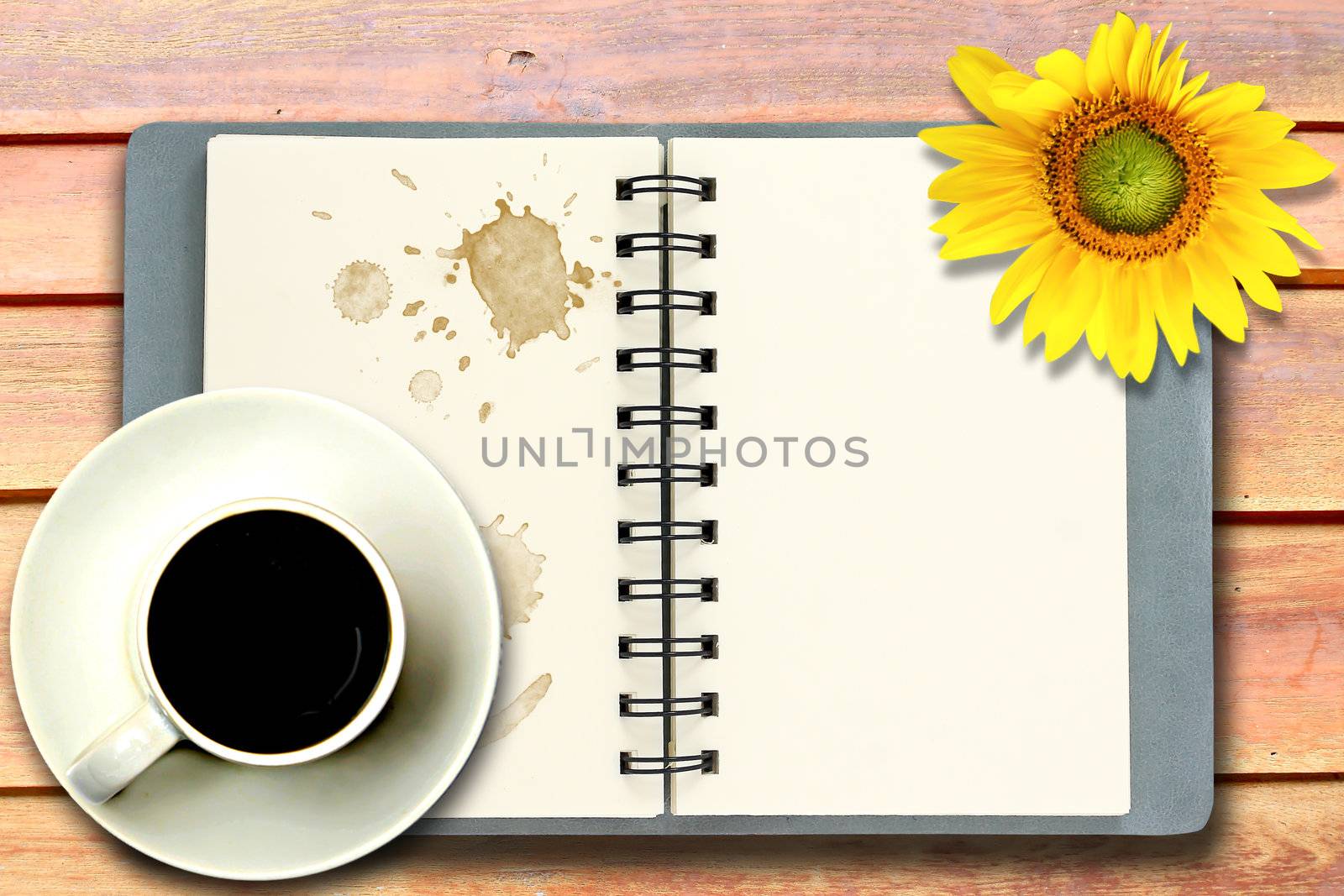 White cup of hot coffee and white sketch book on wood table