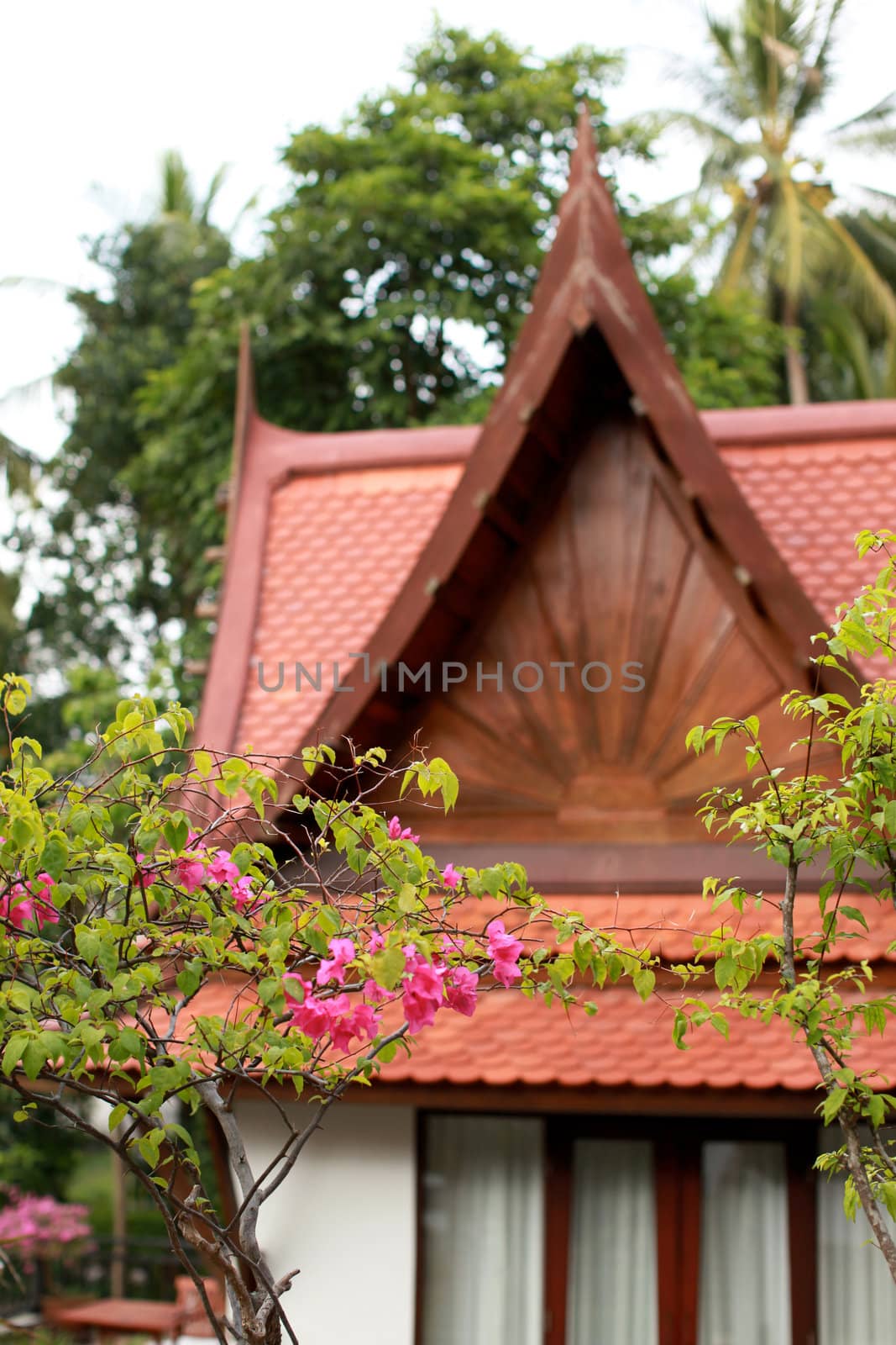 Traditional Thai-style home with a garden in the foreground.