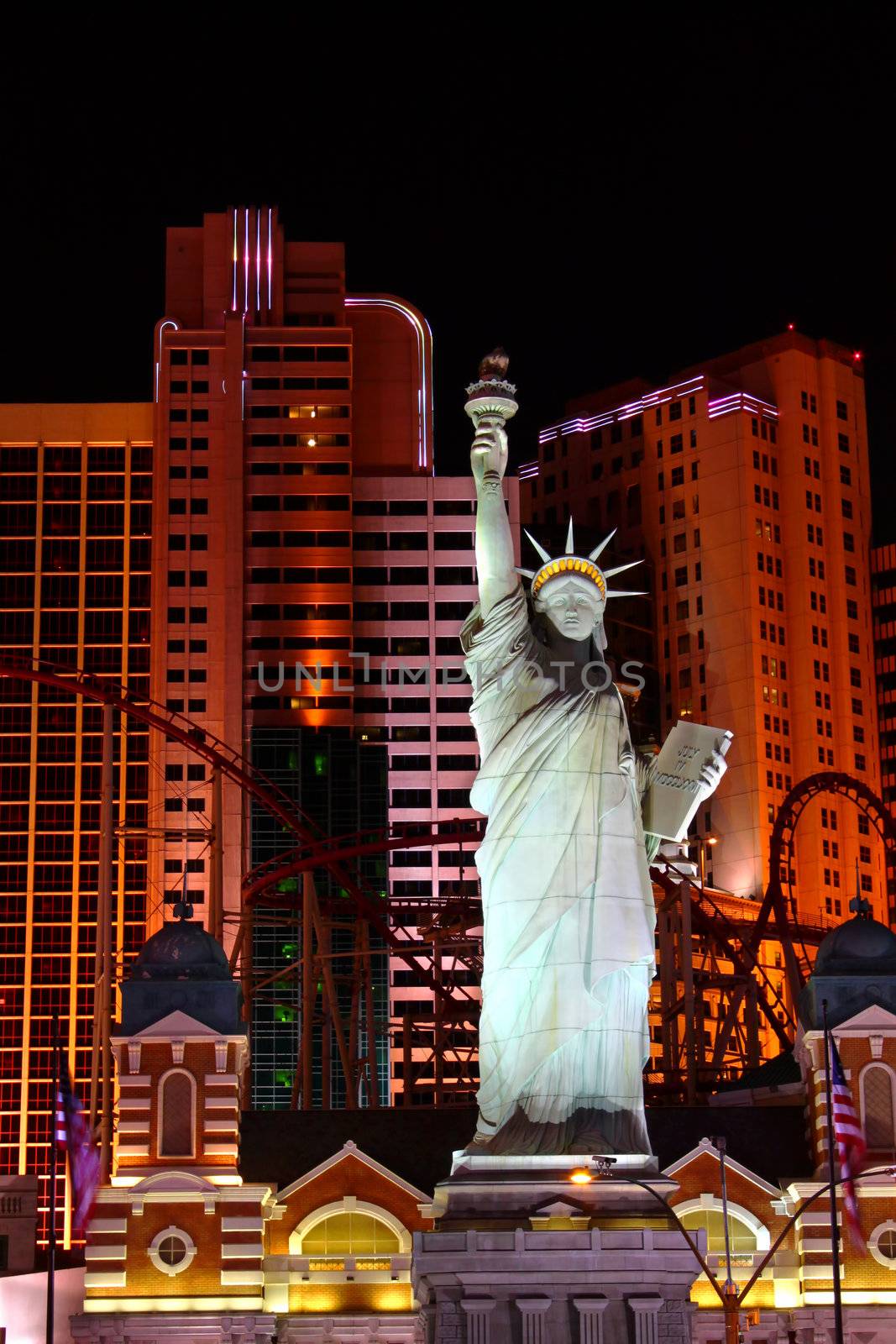 Las Vegas, USA - October 29, 2011: The New York New York Hotel and Casino in Las Vegas on Tropicana Avenue and Las Vegas Boulevard features a replica of the Statue of Liberty.  The architecture of the resort and casino is made to look like the skyline of New York.