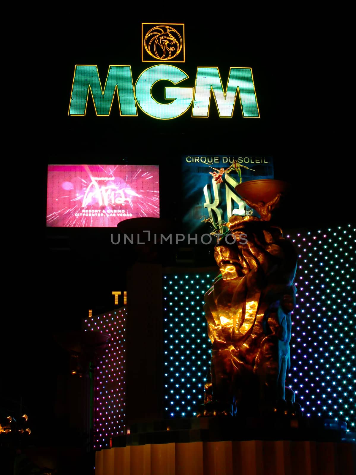 Las Vegas, USA - October 29, 2011: The MGM Grand Las Vegas is one of the largest hotels in the world.  The main sign on Las Vegas Boulevard and the bronze Leo the Lion statue are seen here.