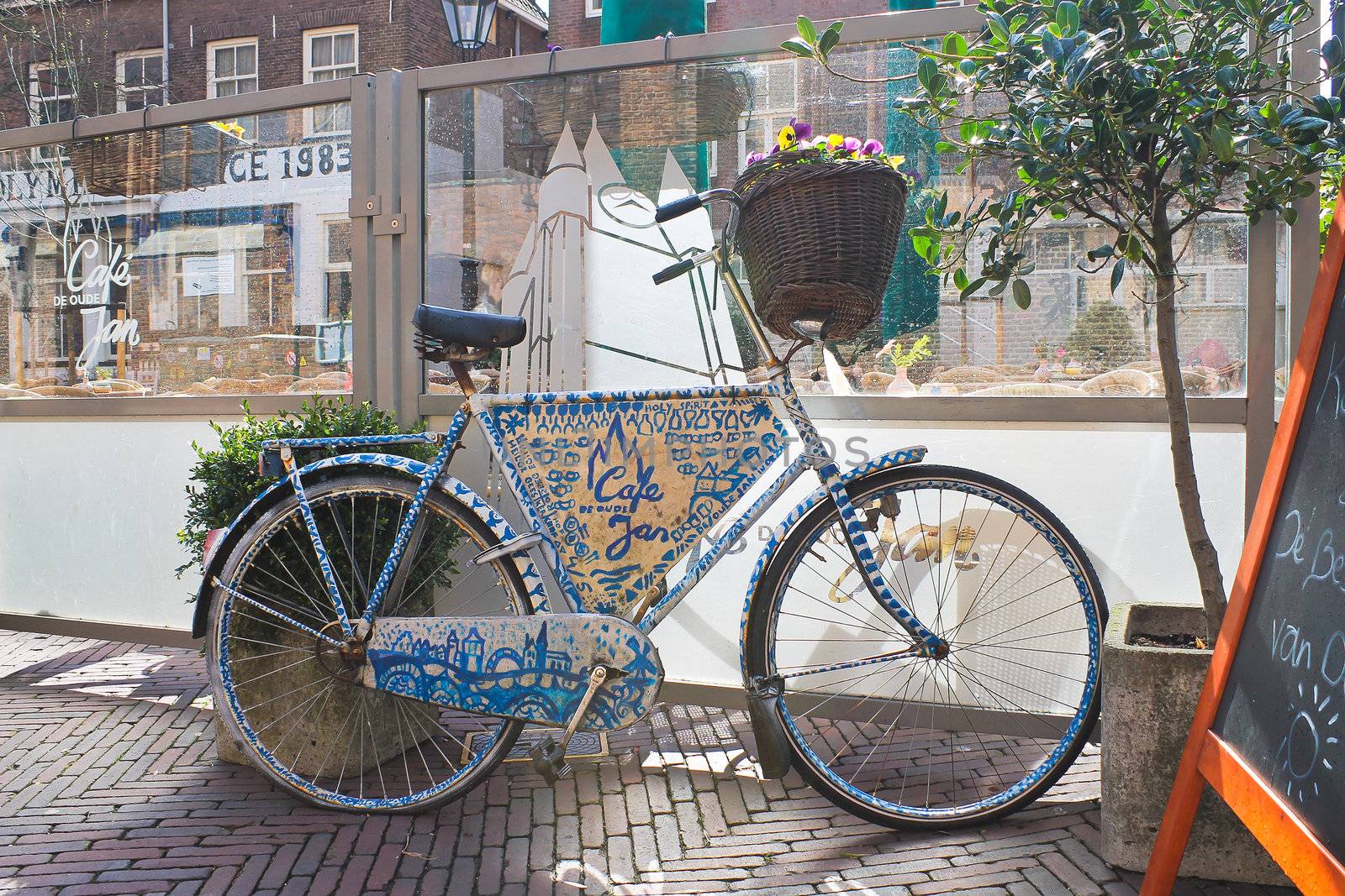 Bicycle advertising café in Delft,  Netherlands