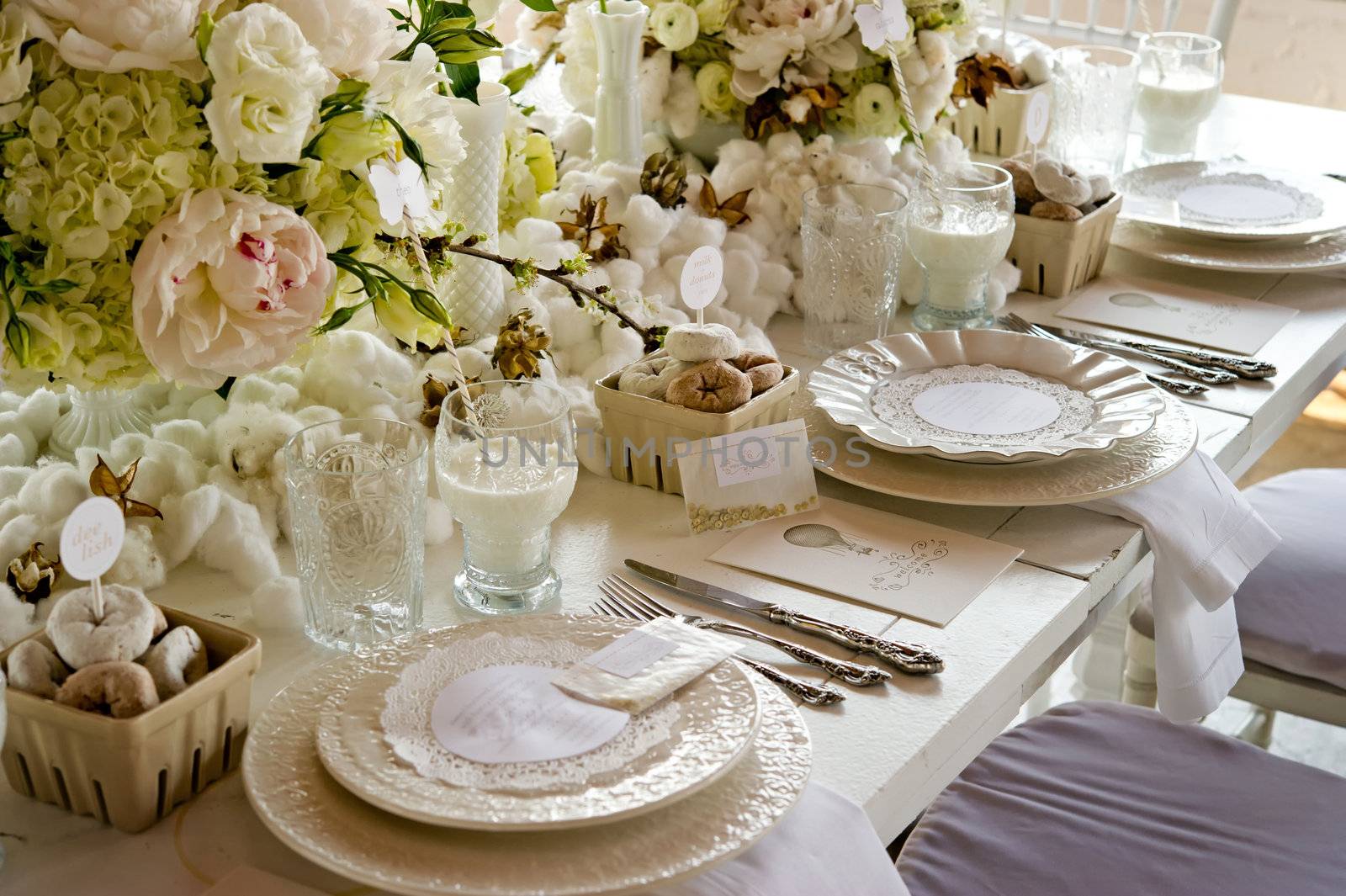 White wedding Banquet Table With Milk & Doughnuts by gregory21