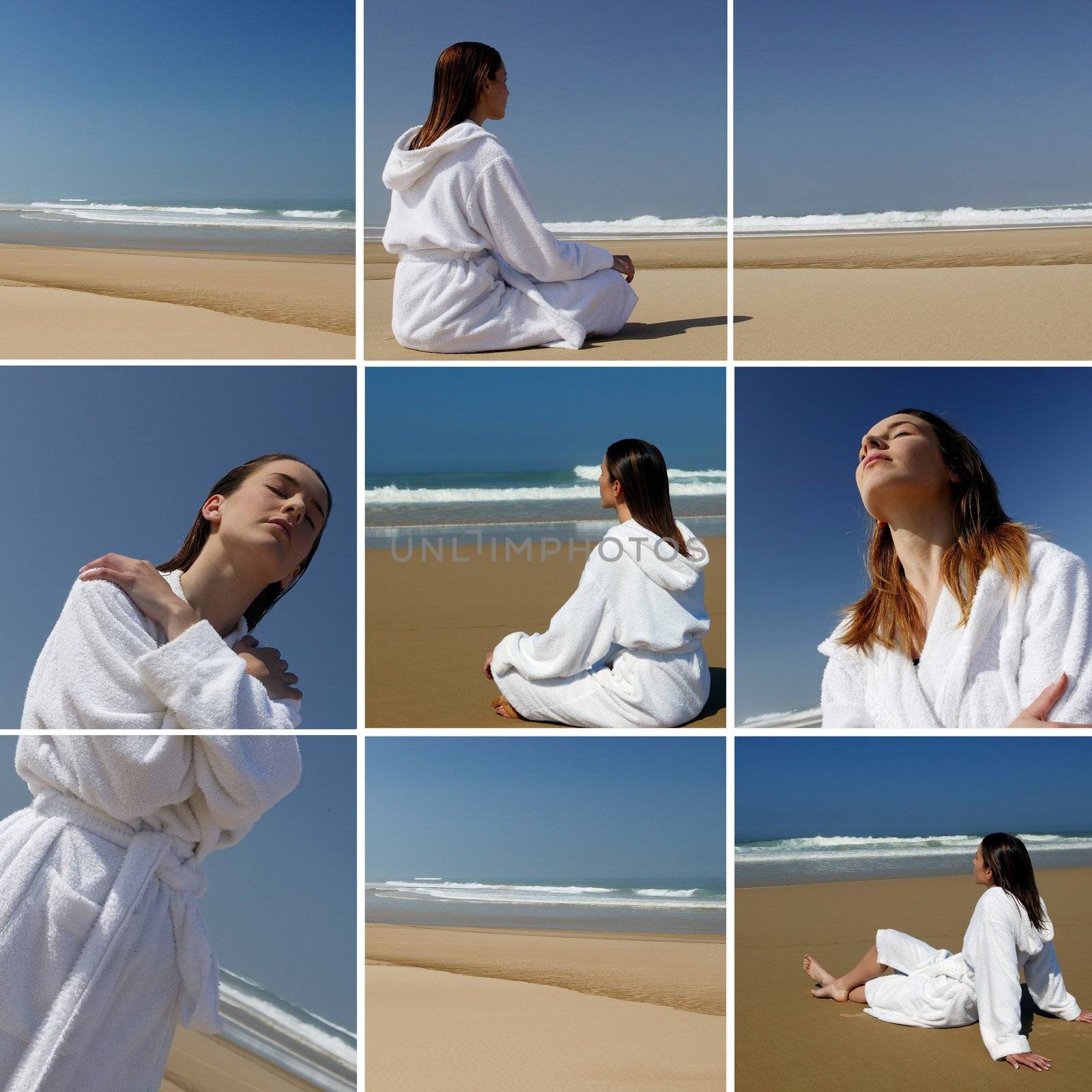 a woman in bathrobe on the beach