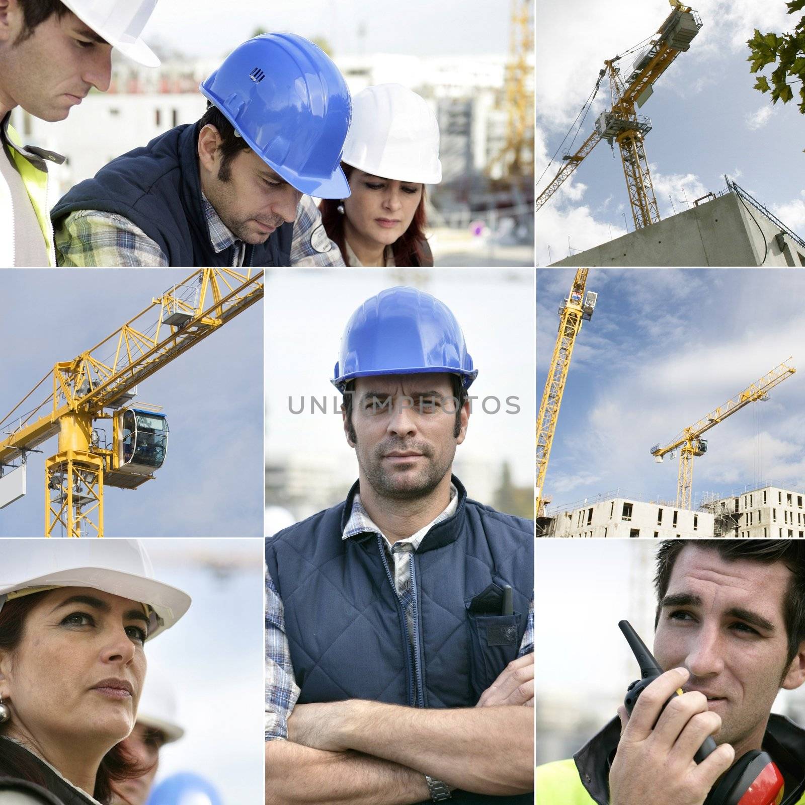 Photo-montage of building workers on a site