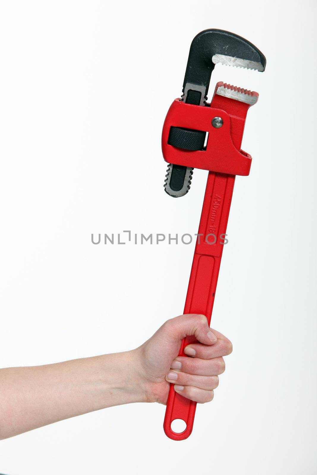 close-up of female hand holding adjustable spanner
