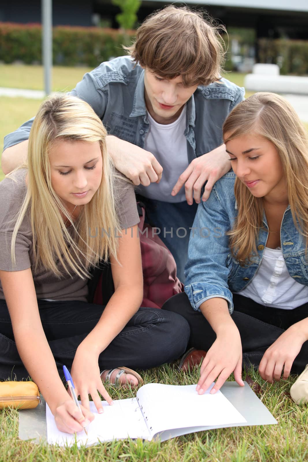 Three students working together in a park by phovoir
