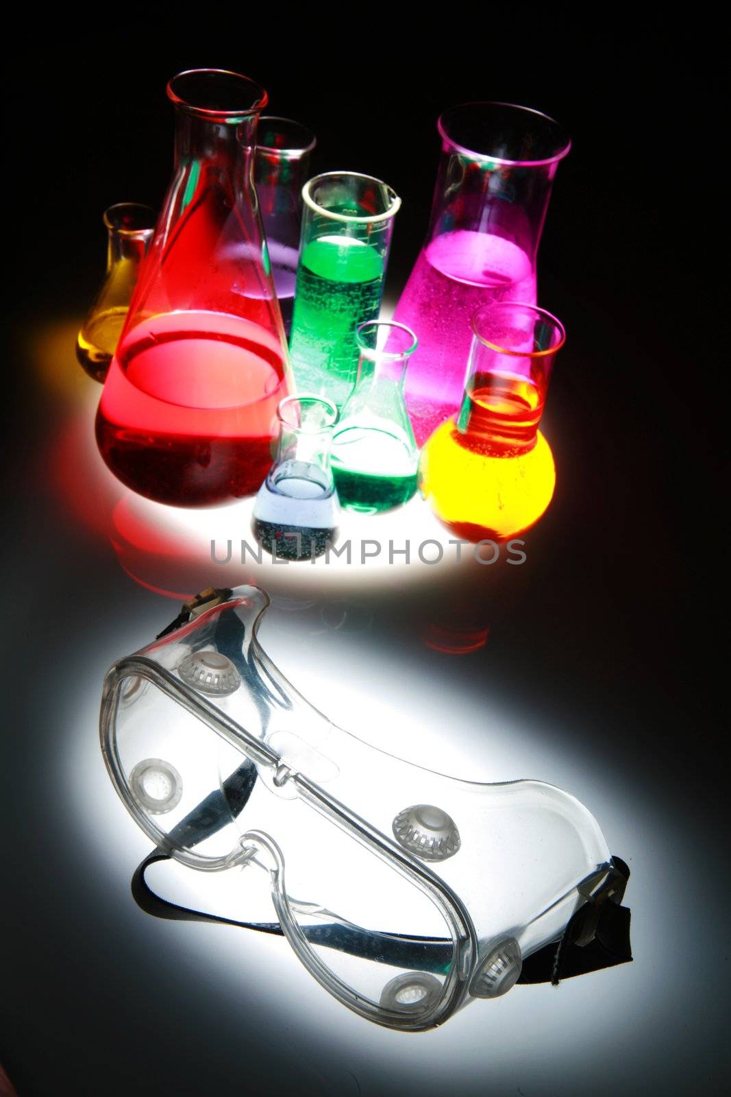 Labor scene with testtubes and beaker and glasses, safety first!