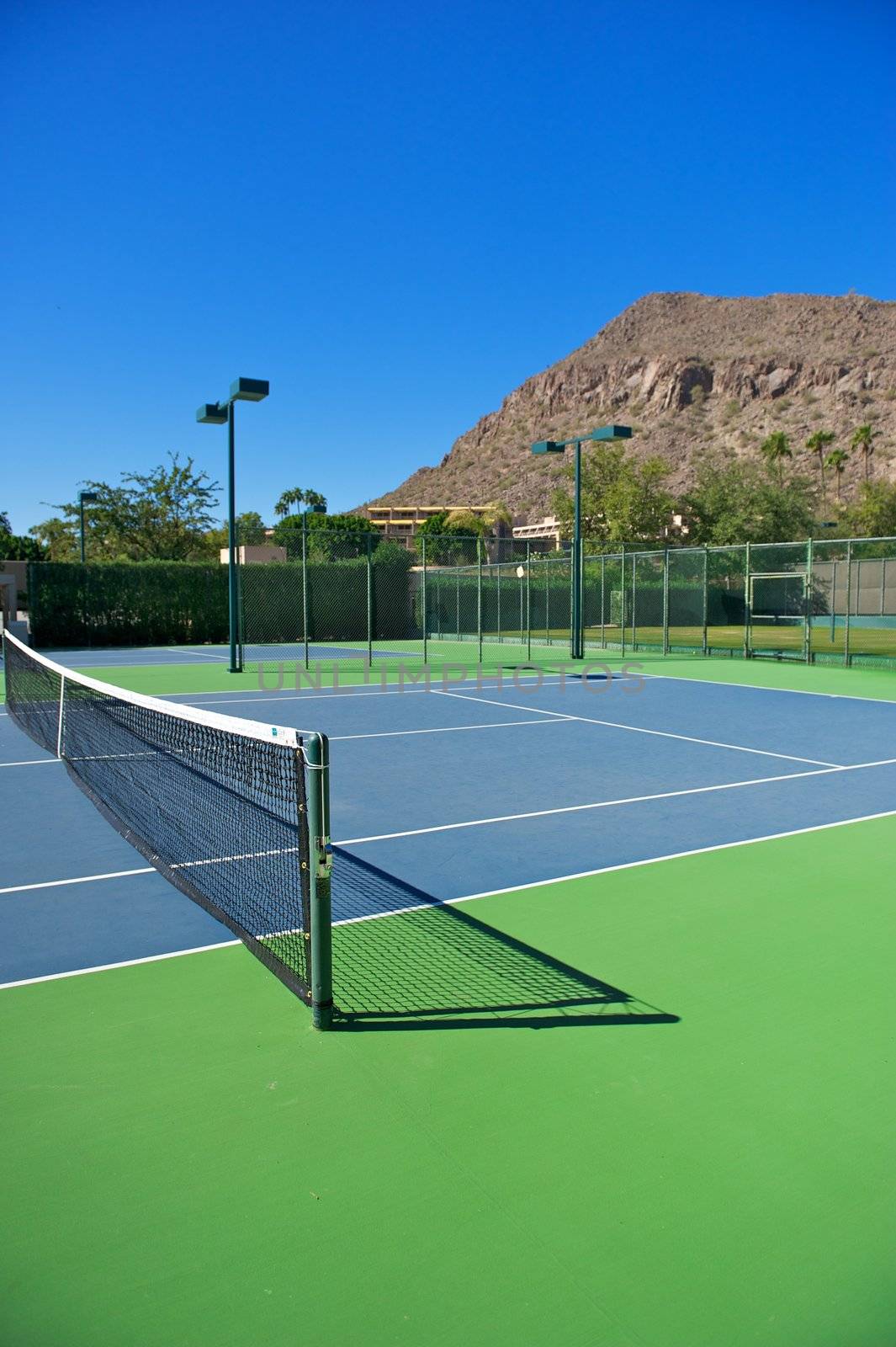 Vertical shot of a blue surfaced tennis court