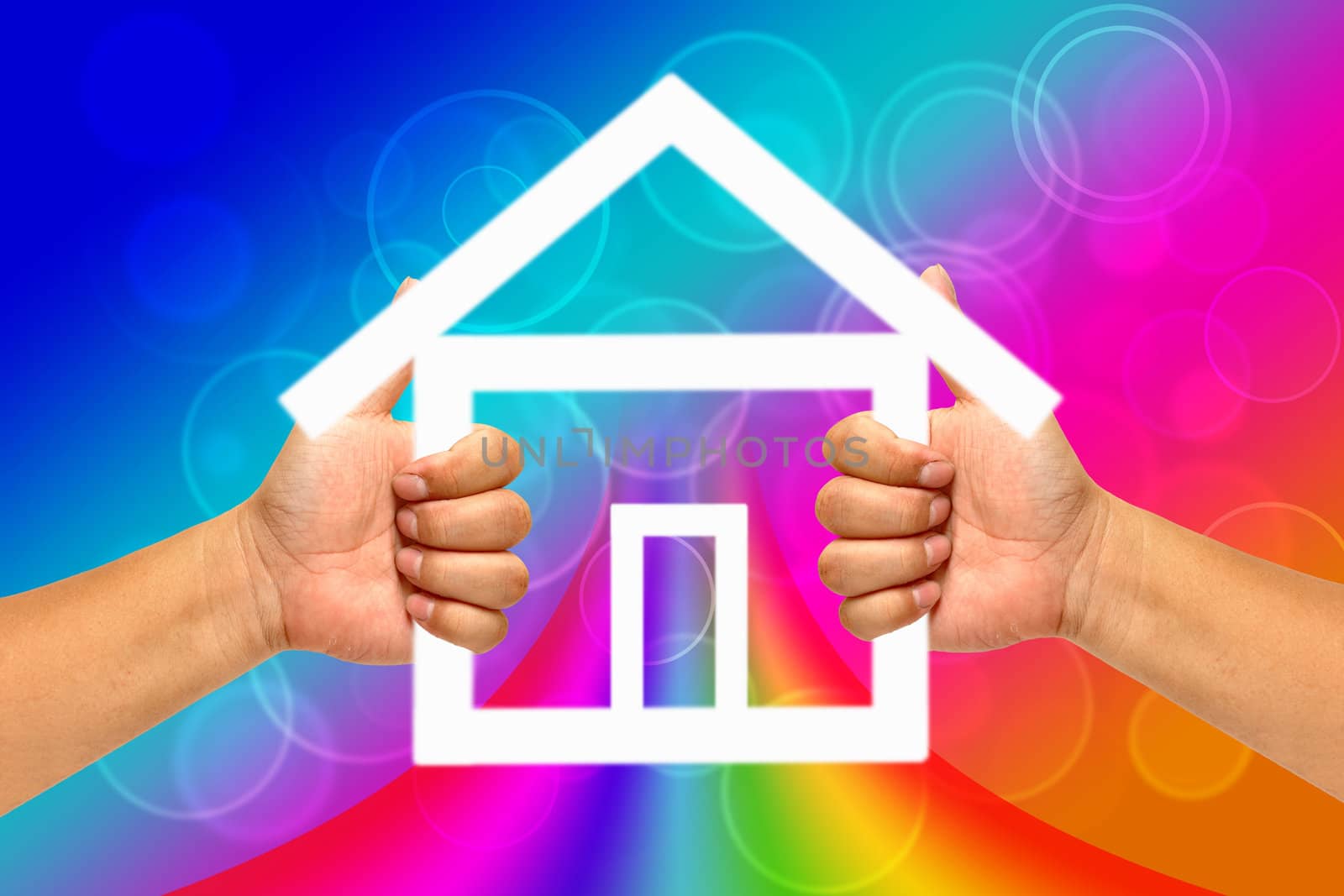 Hand and icon house with Rainbow